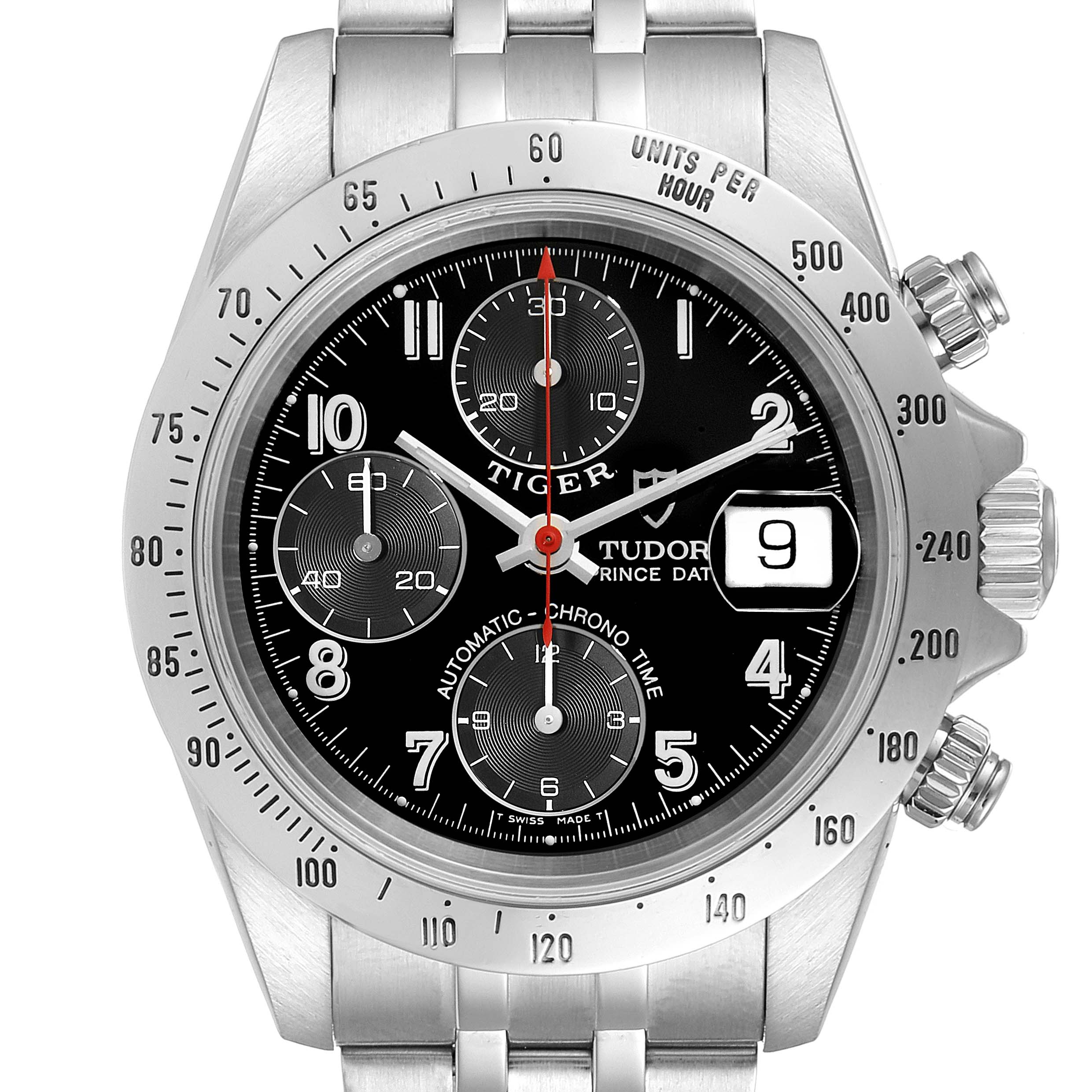 The image shows a front view of the Tudor Tiger 79280 Men's Stainless Steel Black Dial 79280 Men's Stainless Steel Black Dial watch, highlighting its dial, chronograph subdials, date window, and stainless steel bracelet.