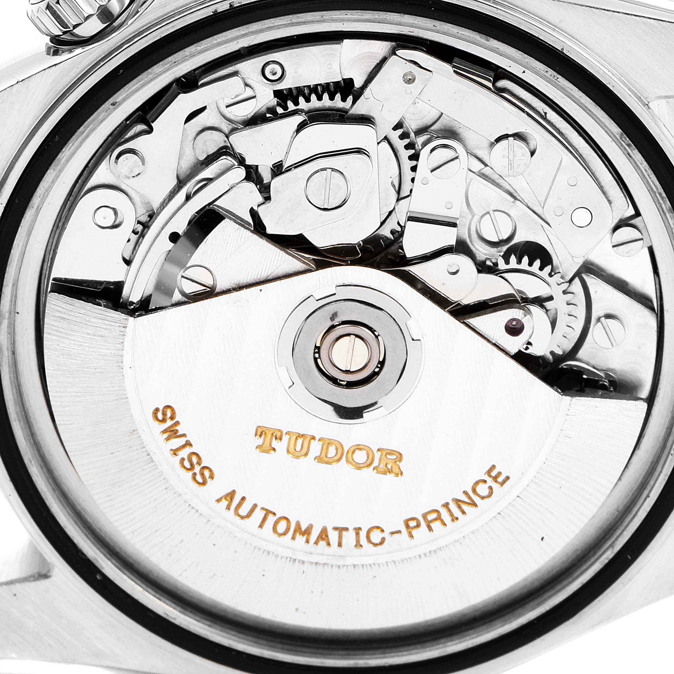 The image shows the inner mechanical movement of a Tudor Prince watch viewed from the back.