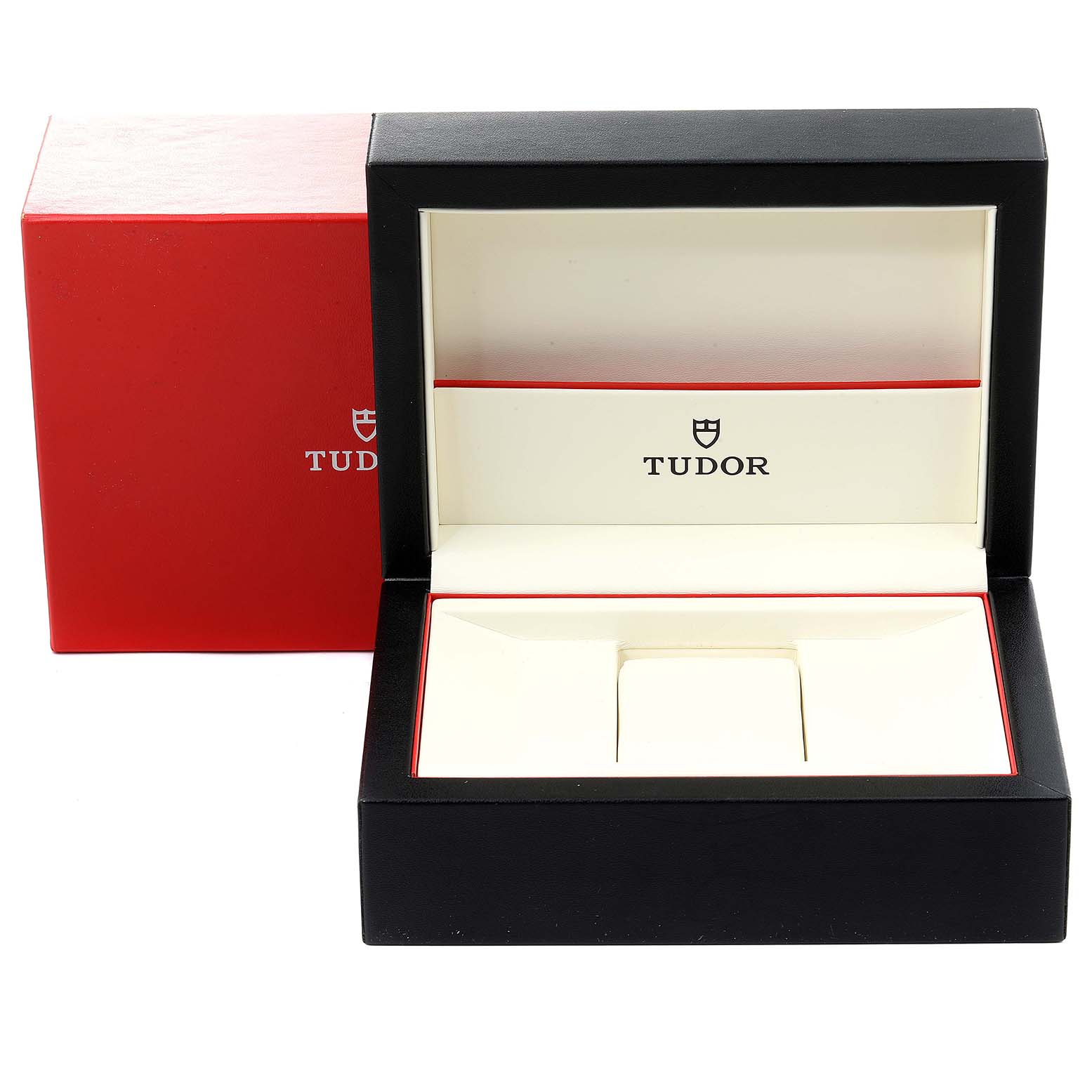 The image shows an open Tudor Prince watch box with an exterior red box beside it.