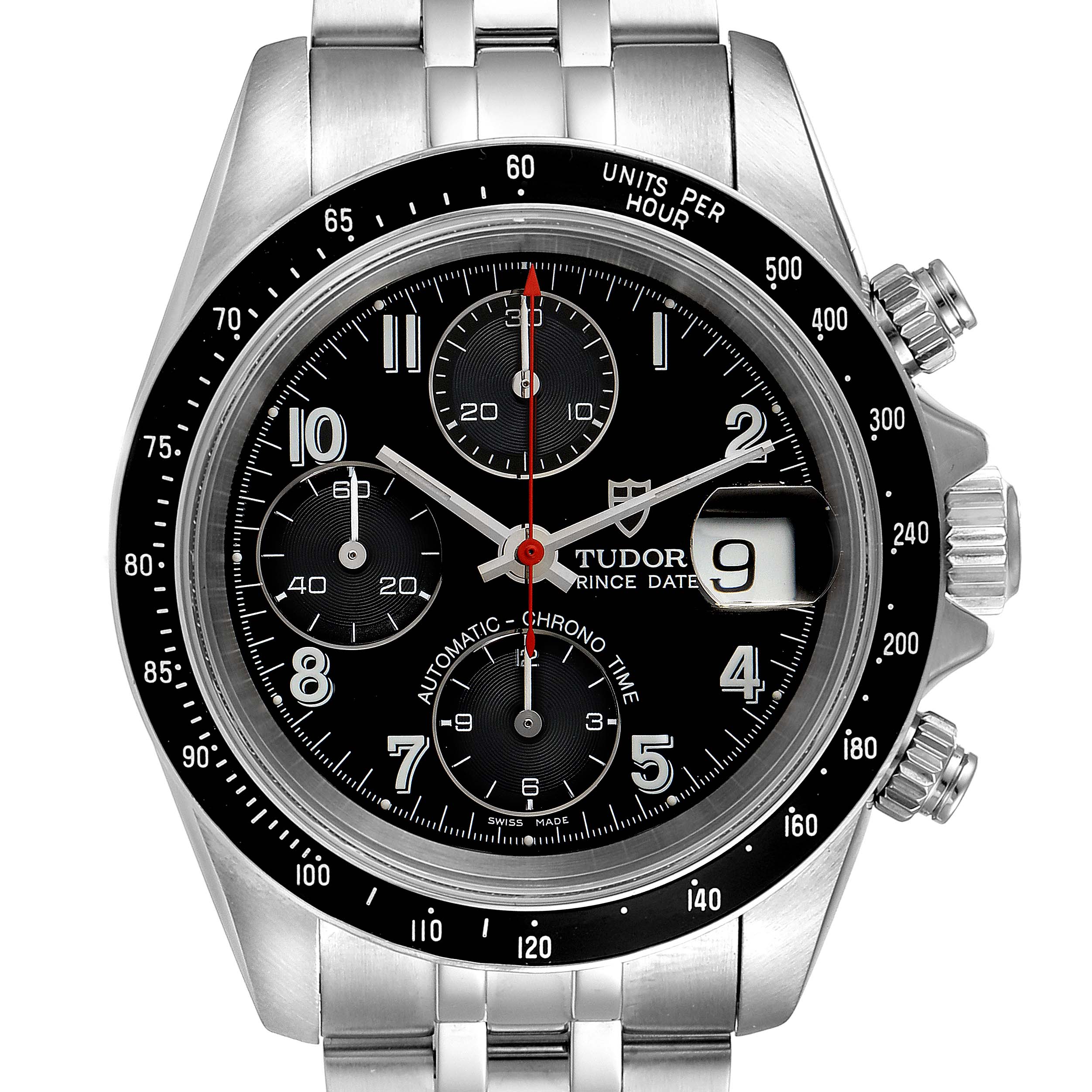 The image shows a frontal view of the Tudor Prince 79260 Men
s Stainless Steel Black Dial 79260 Men
s Stainless Steel Black Dial Date model watch, highlighting its dial, bezel, and chronograph features.