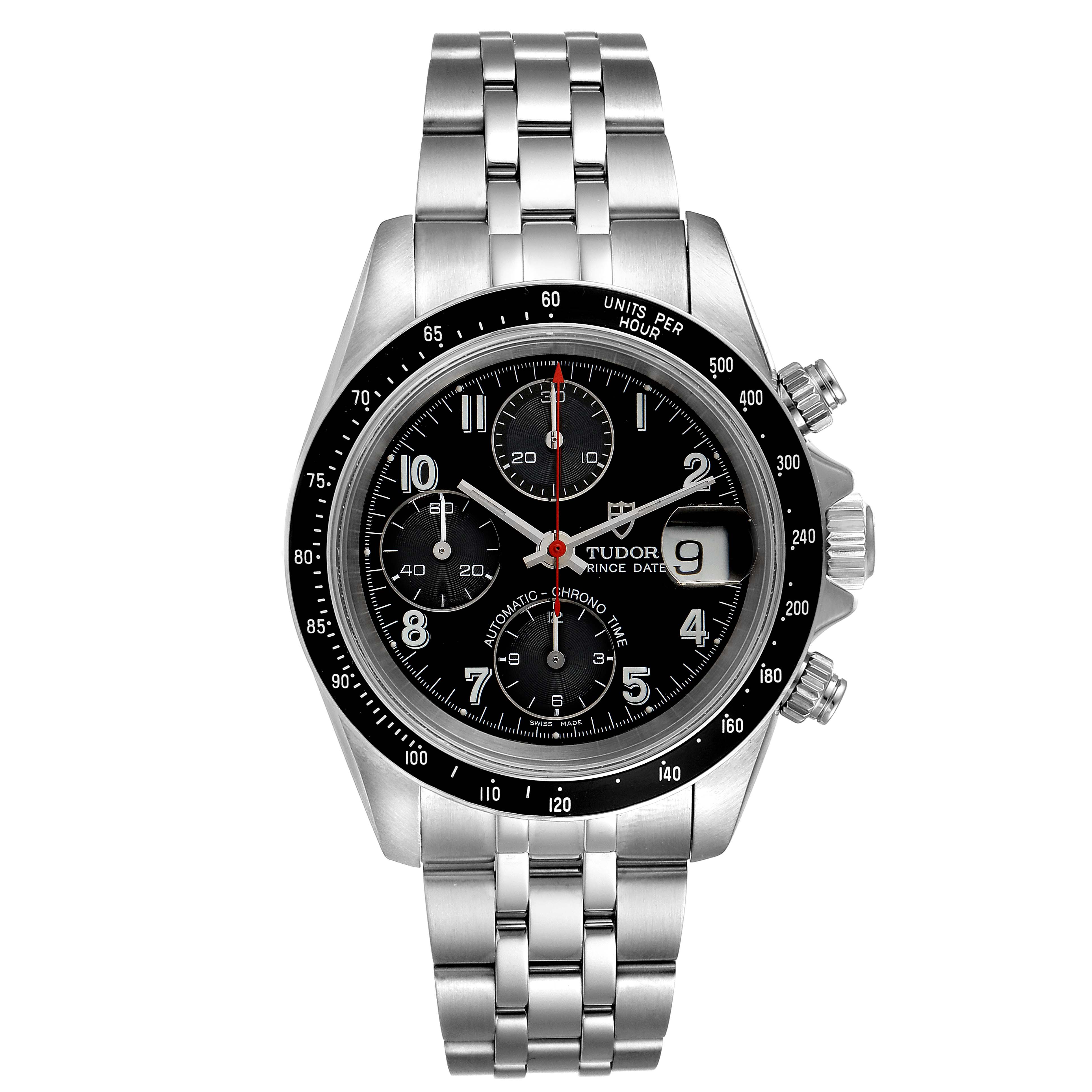 The image shows a front view of the Tudor Prince 79260 Men
s Stainless Steel Black Dial 79260 Men
s Stainless Steel Black Dial model watch, displaying the face, bezel, and bracelet.