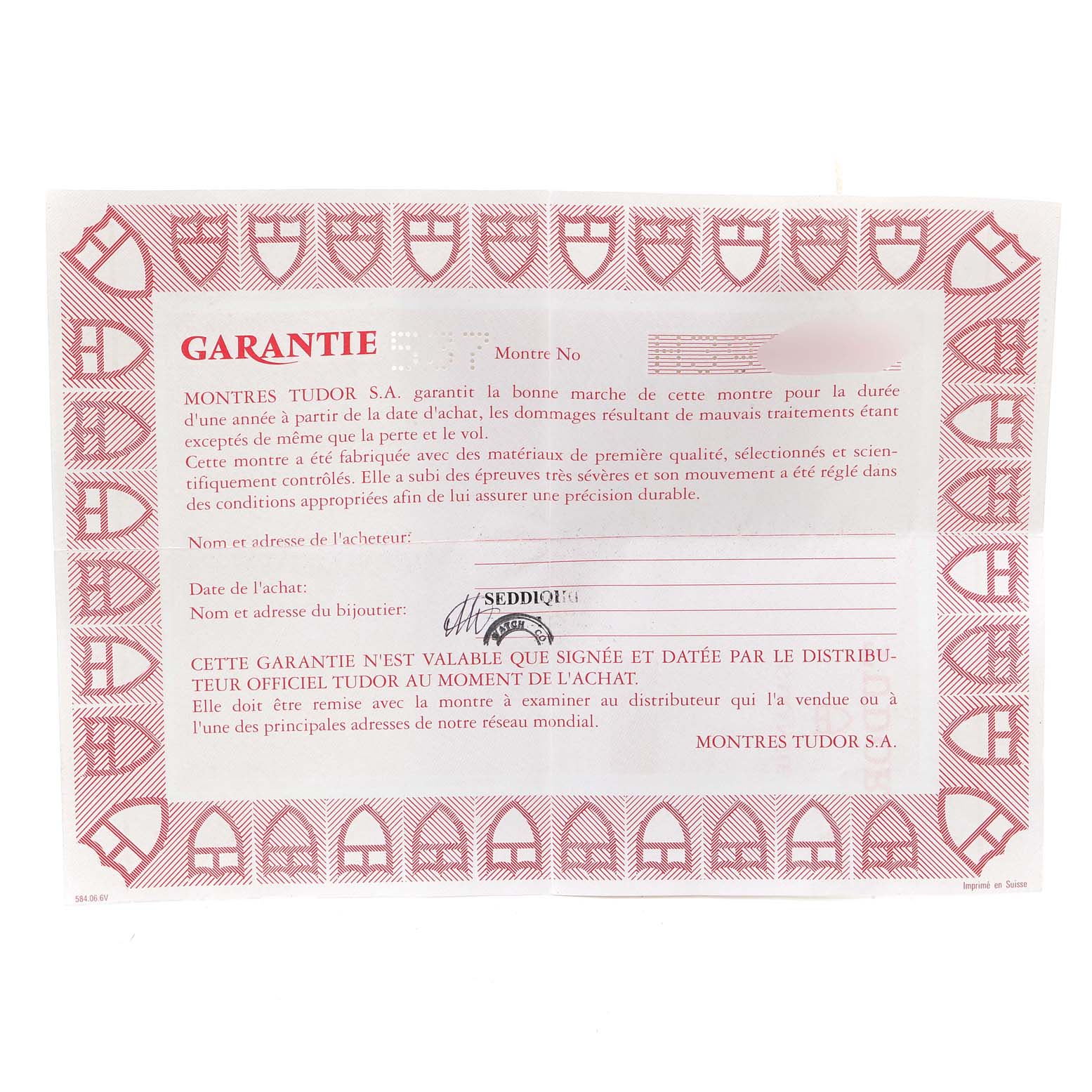 This image shows a warranty certificate for the Prince model by Tudor, featuring text in French with red borders.