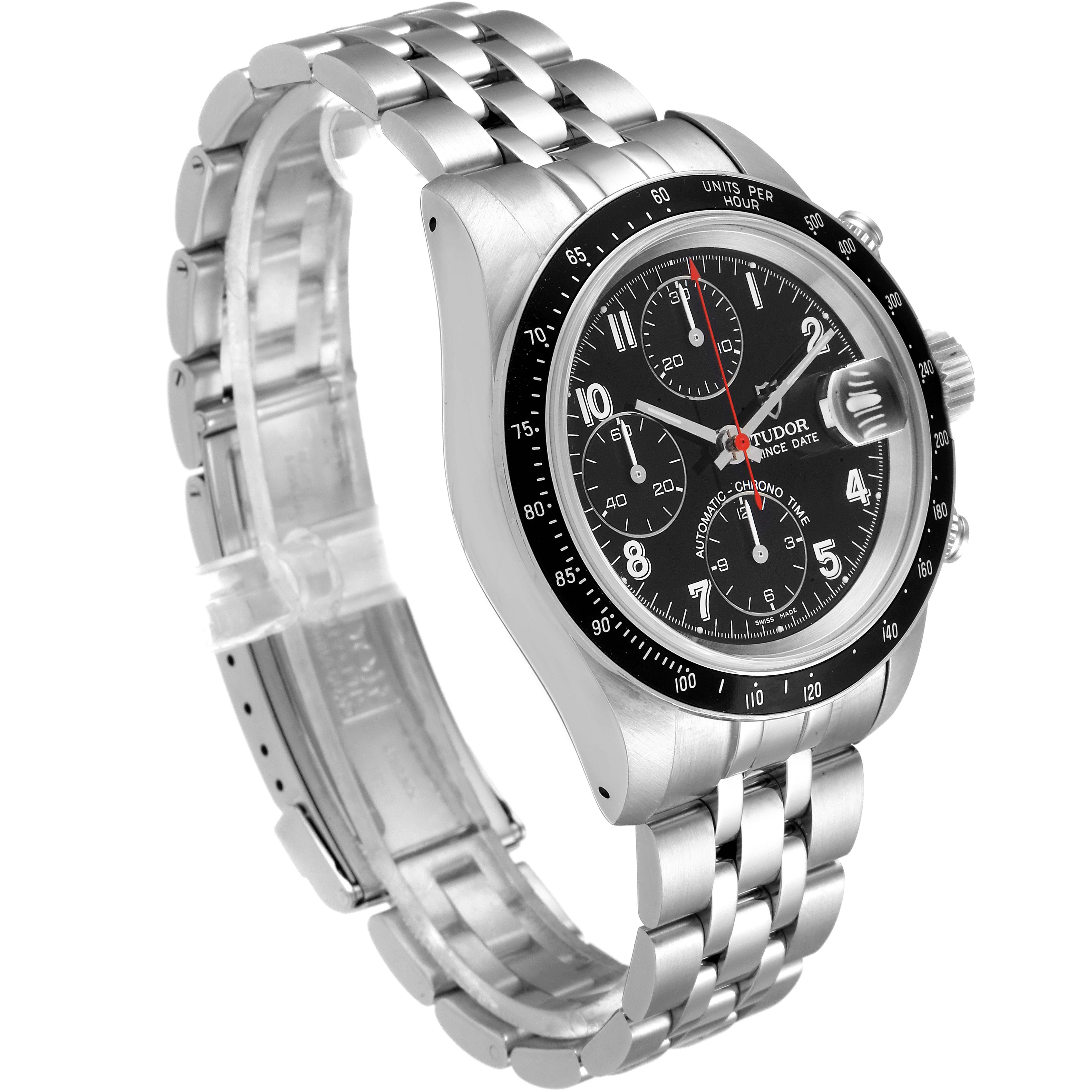 The Tudor Prince 79260 Men
s Stainless Steel Black Dial 79260 Men
s Stainless Steel Black Dial model watch is shown at an angle displaying the face, bezel, crown, and metal bracelet.