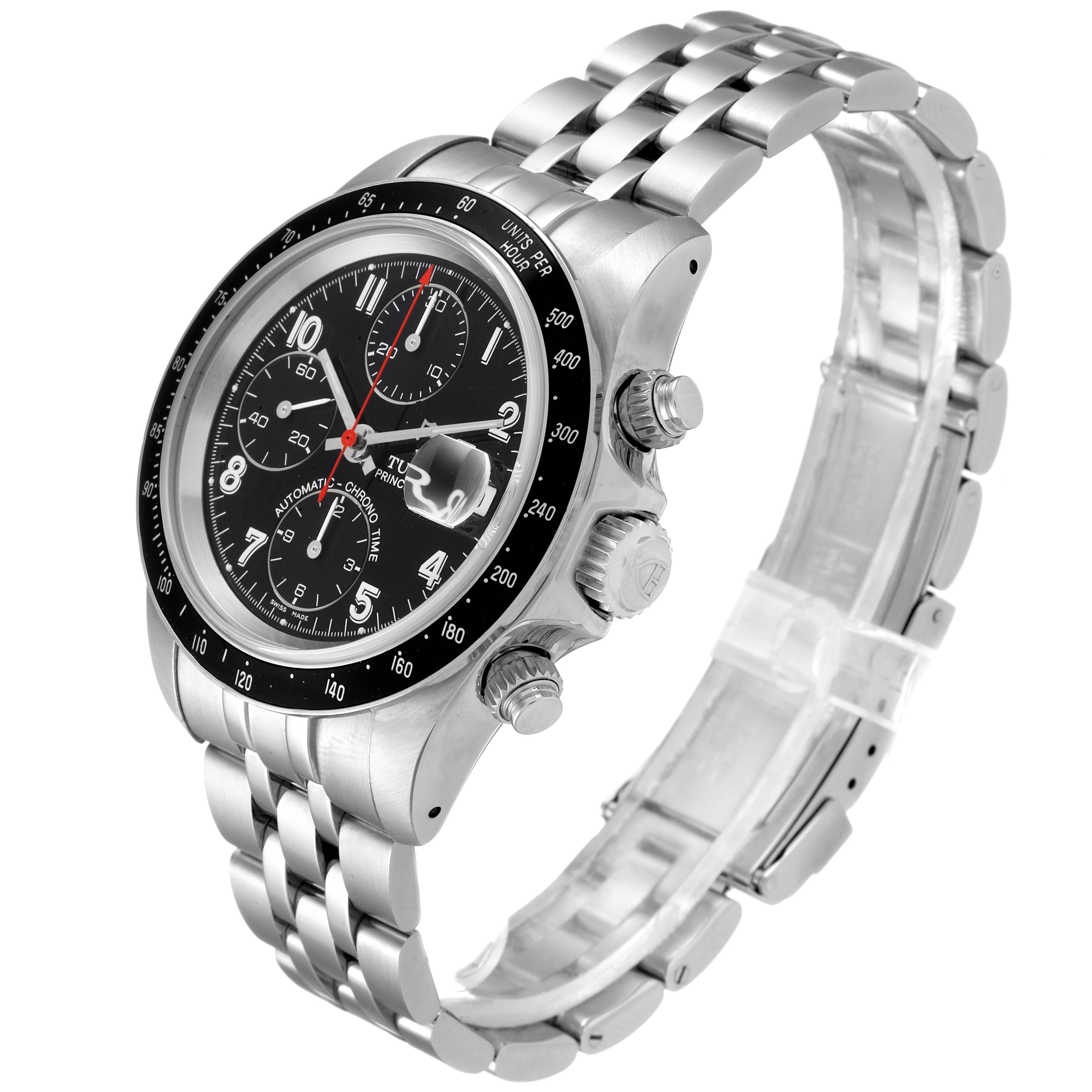 The image shows a side angle of a Tudor Prince 79260 Men
s Stainless Steel Black Dial 79260 Men
s Stainless Steel Black Dial watch, highlighting the dial, bezel, pushers, and bracelet.