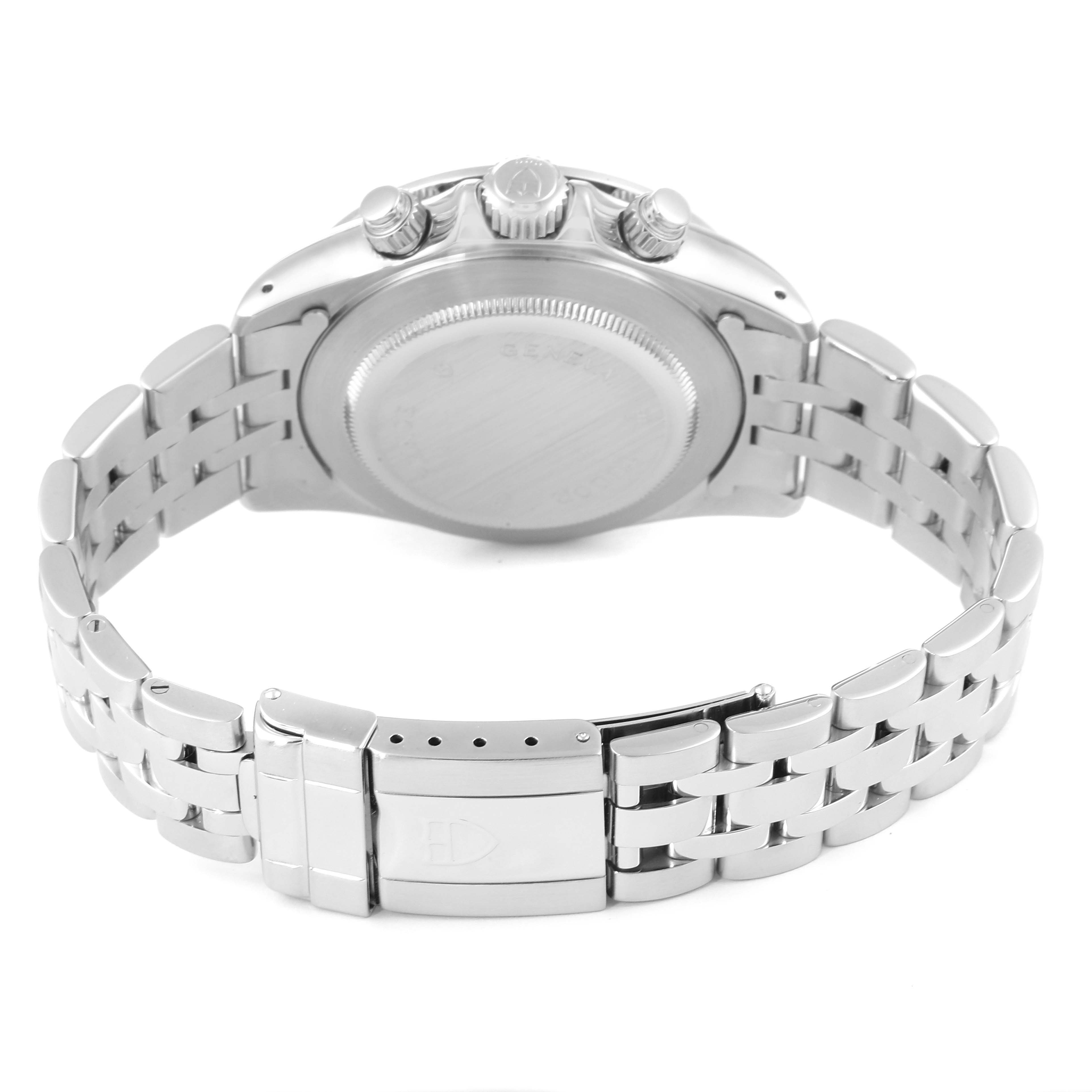 This image shows the back view of the Tudor Prince 79260 Men
s Stainless Steel Black Dial 79260 Men
s Stainless Steel Black Dial watch, including the case, crown, pushers, and bracelet with clasp.