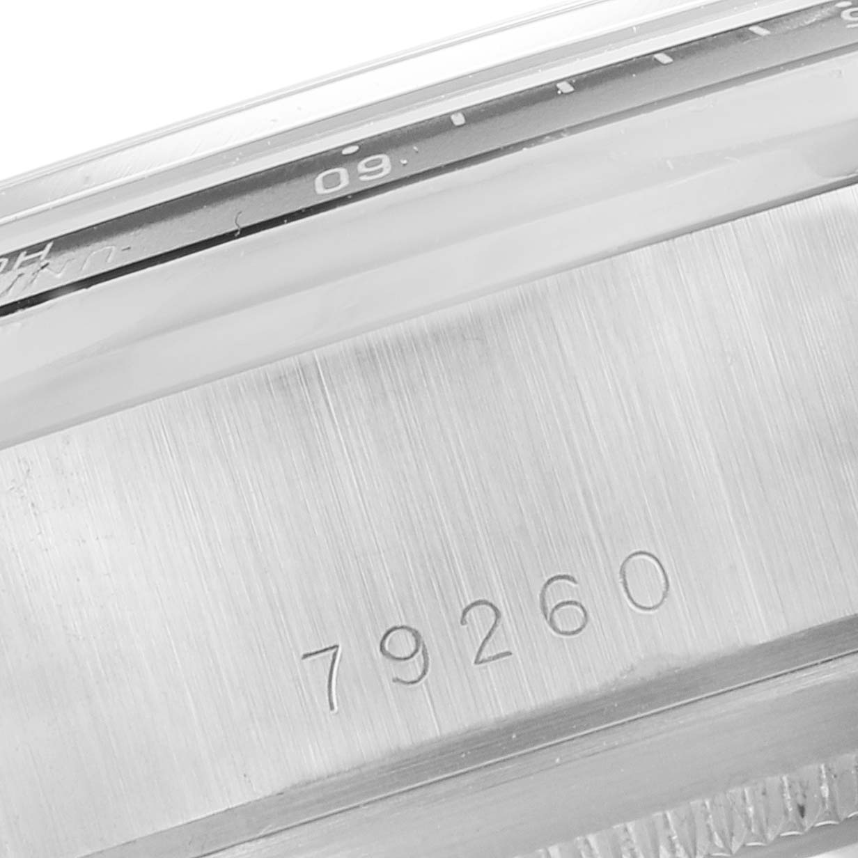 This image shows a close-up angle of the case side of a Tudor Prince 79260 Men
s Stainless Steel Black Dial 79260 Men
s Stainless Steel Black Dial model watch, focusing on the engraved reference number 79260.