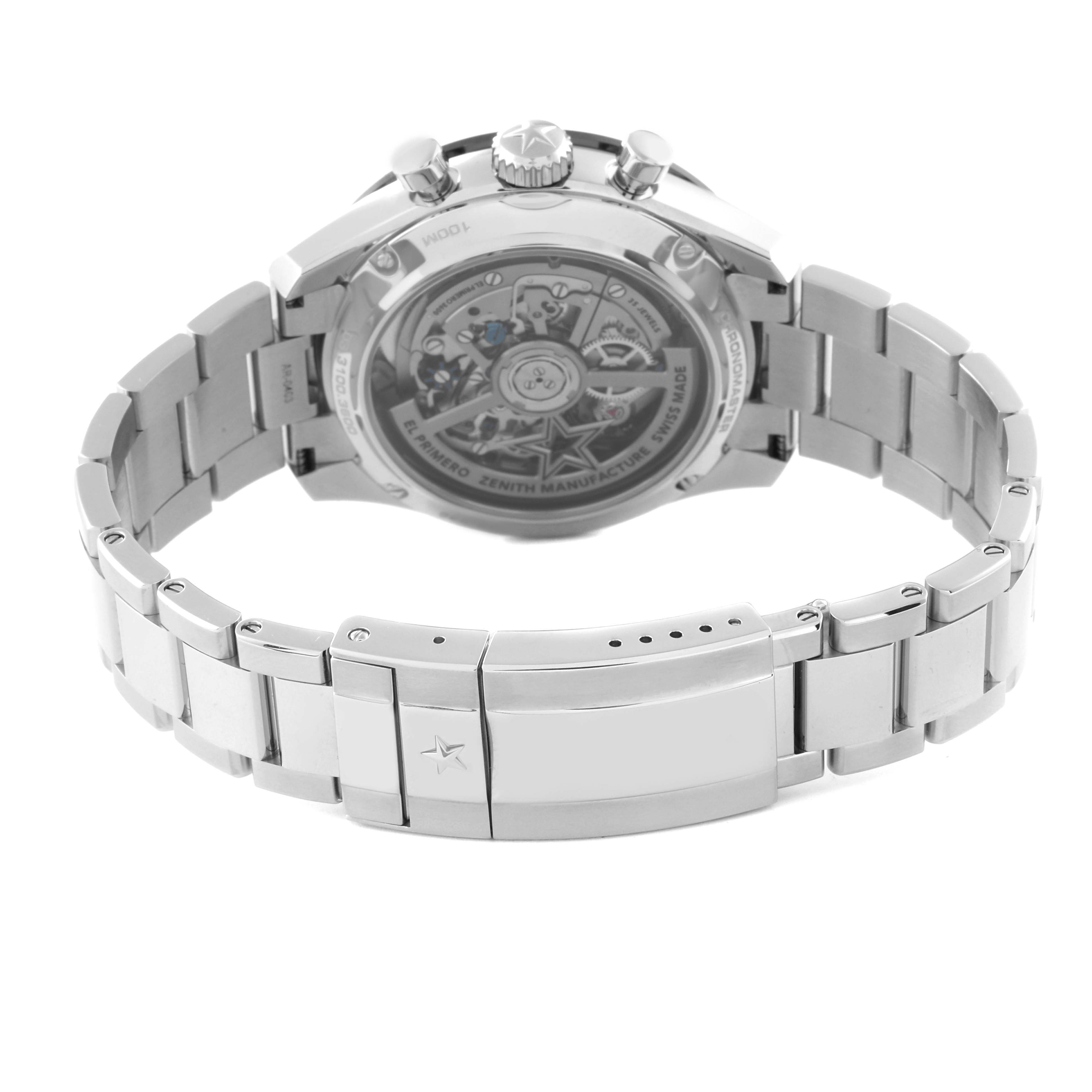 The image shows the backside and metal bracelet of a Zenith Chronomaster 03.3100.3600/69.M3100 Men's Stainless Steel White Dial 03.3100.3600/69.M3100 Men's Stainless Steel White Dial watch, highlighting the transparent case back and clasp.
