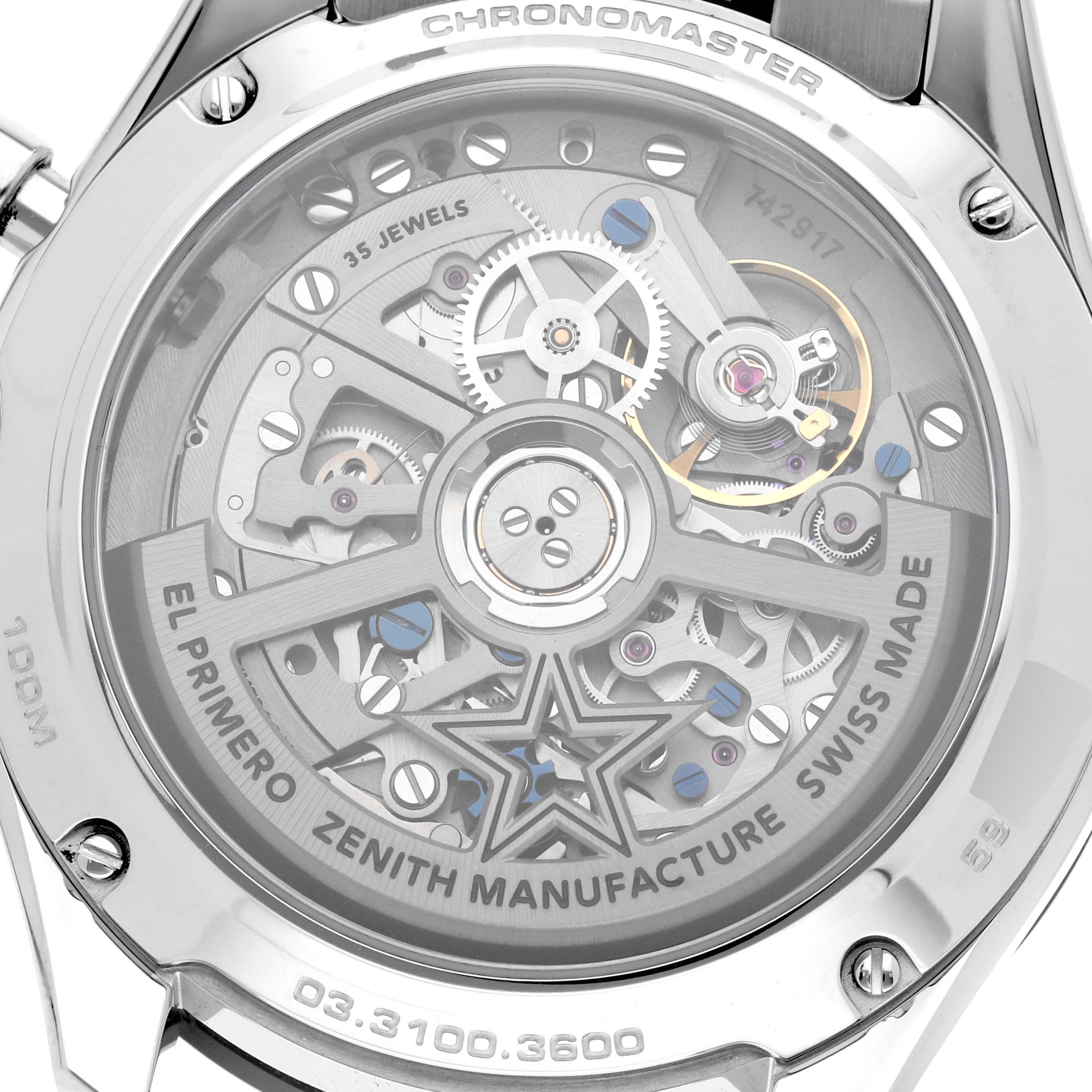 This image shows the back view of the Zenith Chronomaster 03.3100.3600/69.M3100 Men's Stainless Steel White Dial 03.3100.3600/69.M3100 Men's Stainless Steel White Dial, highlighting the exposed mechanical movement and inner components.