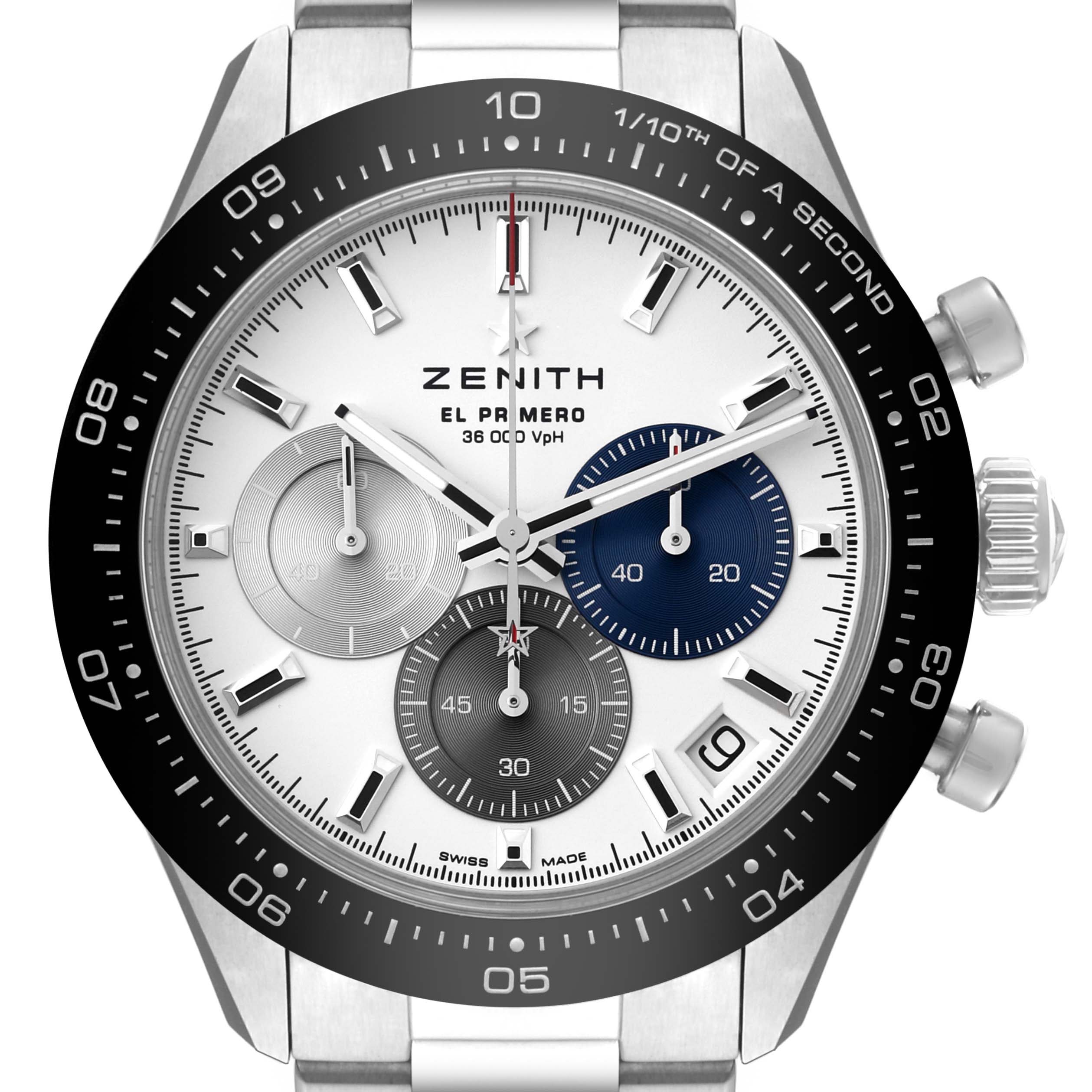 The image shows a front view of the Zenith Chronomaster 03.3100.3600/69.M3100 Men's Stainless Steel White Dial 03.3100.3600/69.M3100 Men's Stainless Steel White Dial watch, highlighting its dial and chronograph features.