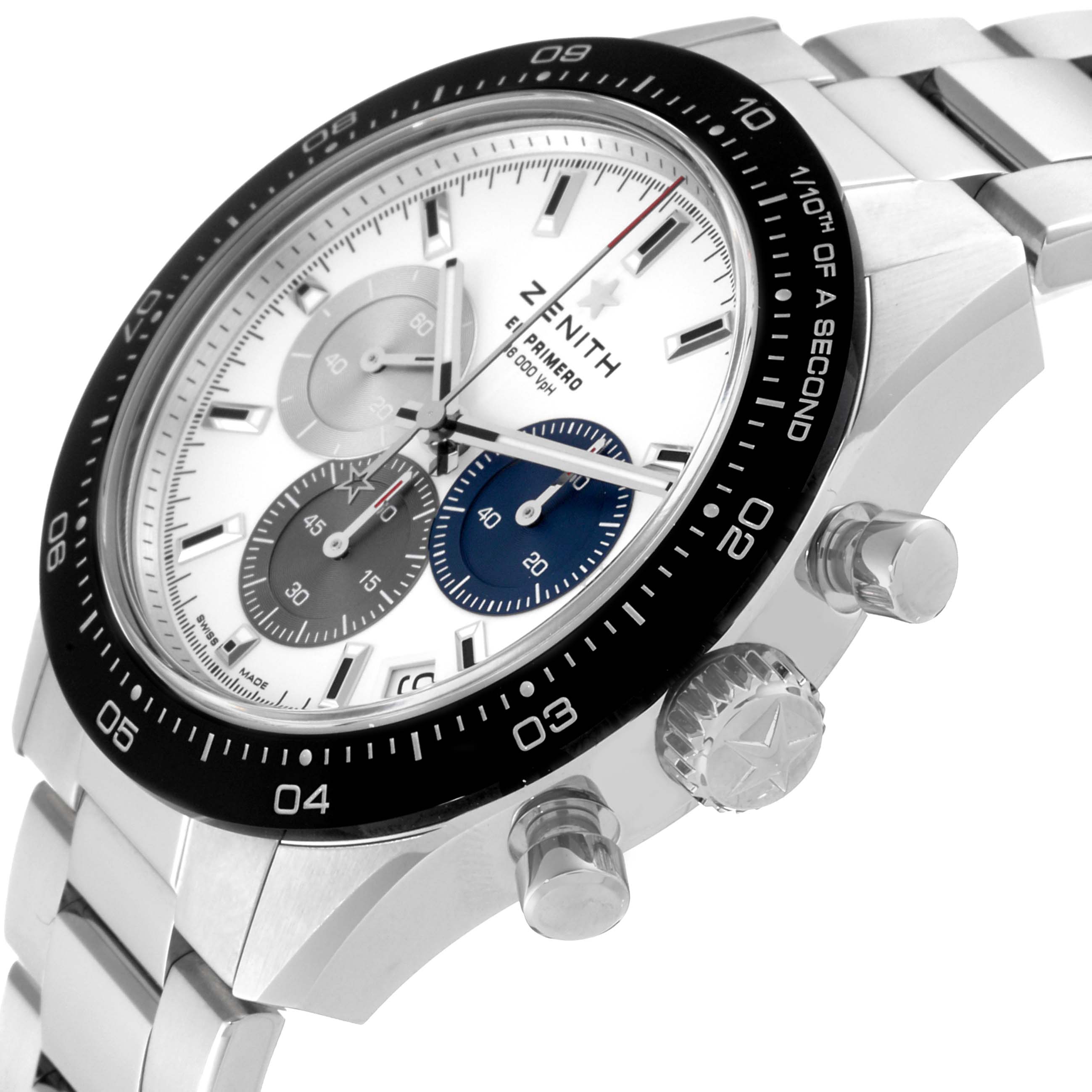 The image shows a side angle of the Zenith Chronomaster 03.3100.3600/69.M3100 Men's Stainless Steel White Dial 03.3100.3600/69.M3100 Men's Stainless Steel White Dial watch, highlighting the dial, bezel, and crown.