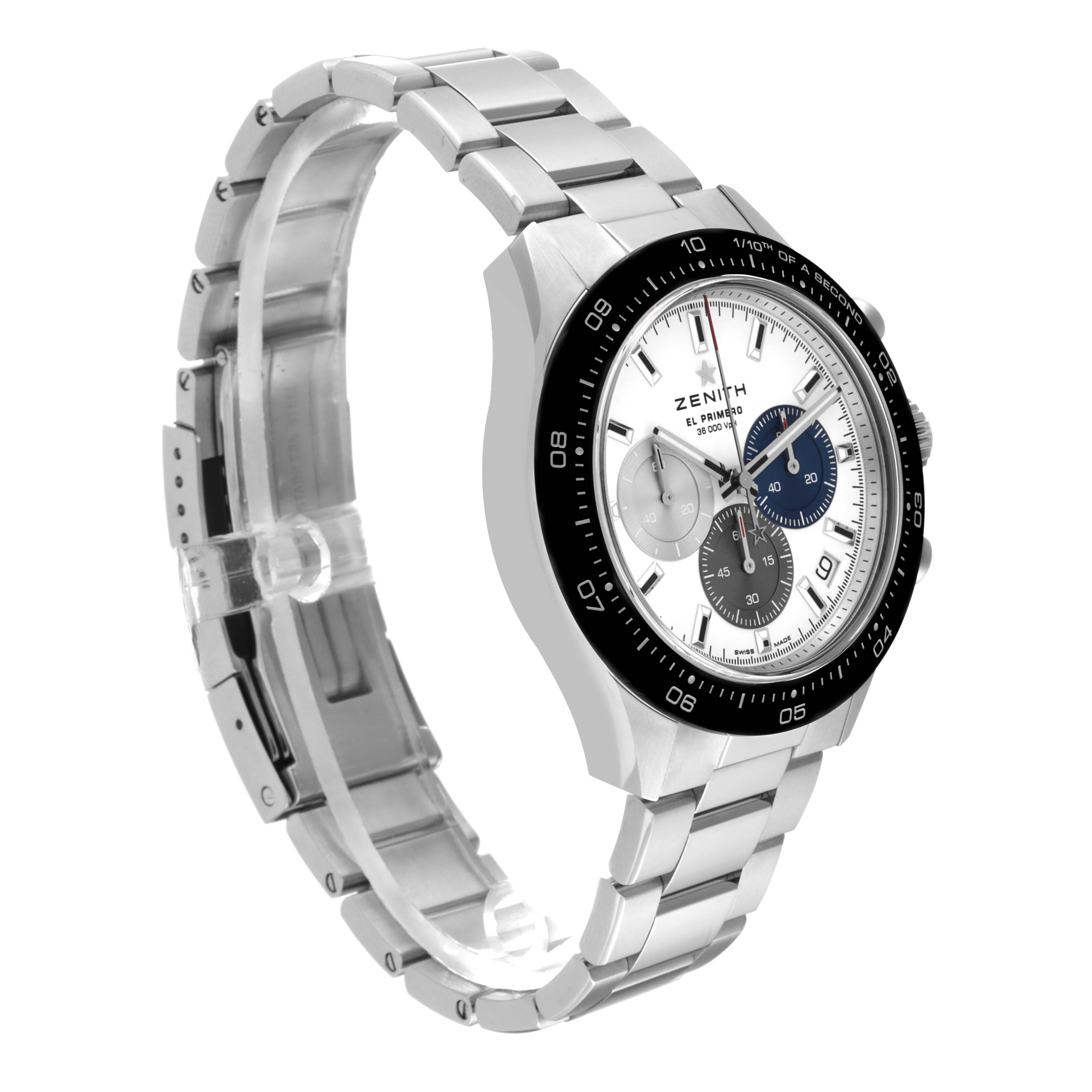 The image shows the Zenith Chronomaster 03.3100.3600/69.M3100 Men's Stainless Steel White Dial 03.3100.3600/69.M3100 Men's Stainless Steel White Dial watch at a front left angle, highlighting its face, bezel, and metal strap.