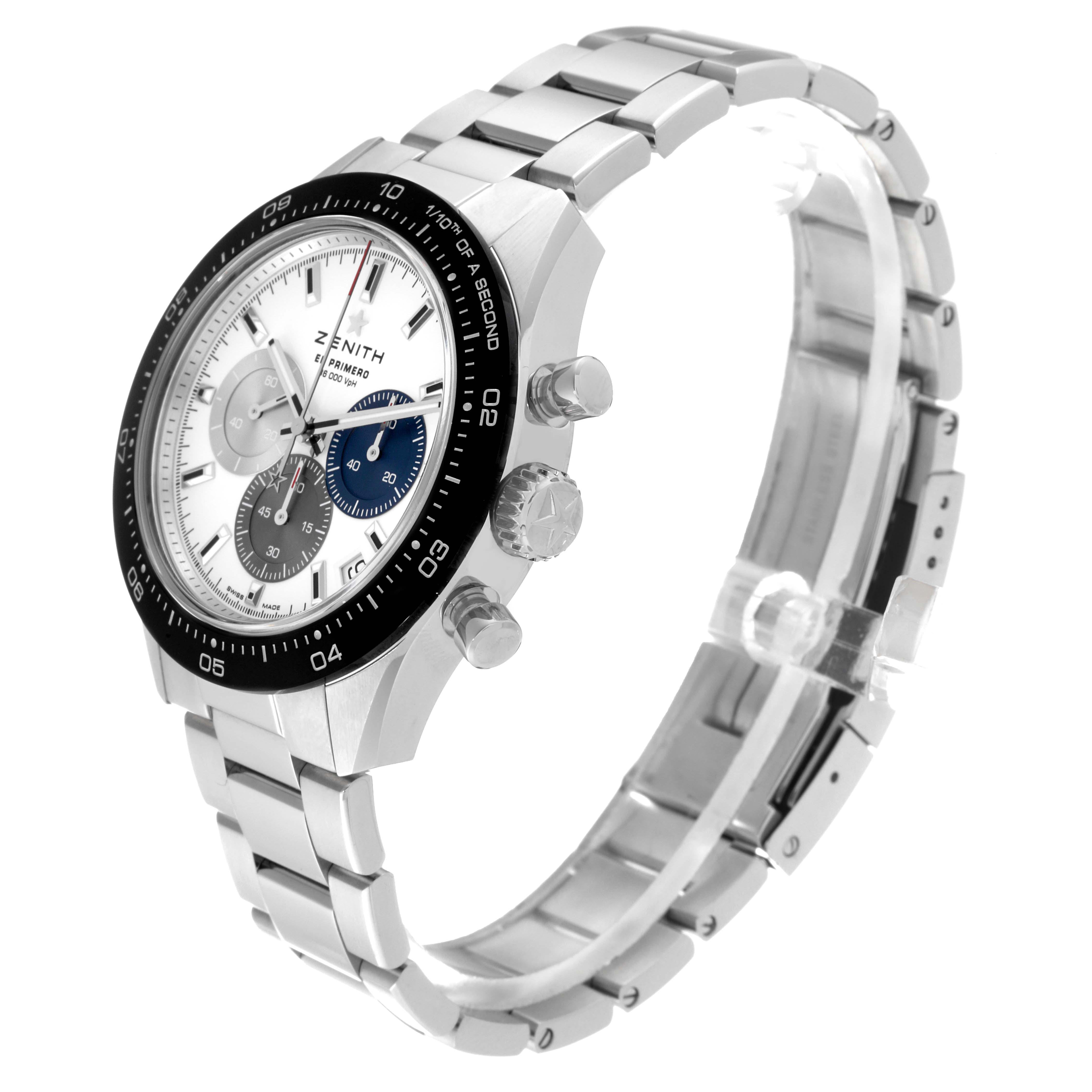The image shows a Zenith Chronomaster 03.3100.3600/69.M3100 Men's Stainless Steel White Dial 03.3100.3600/69.M3100 Men's Stainless Steel White Dial watch at a 3/4 angle, displaying its face, bezel, crown, chronograph pushers, and bracelet.