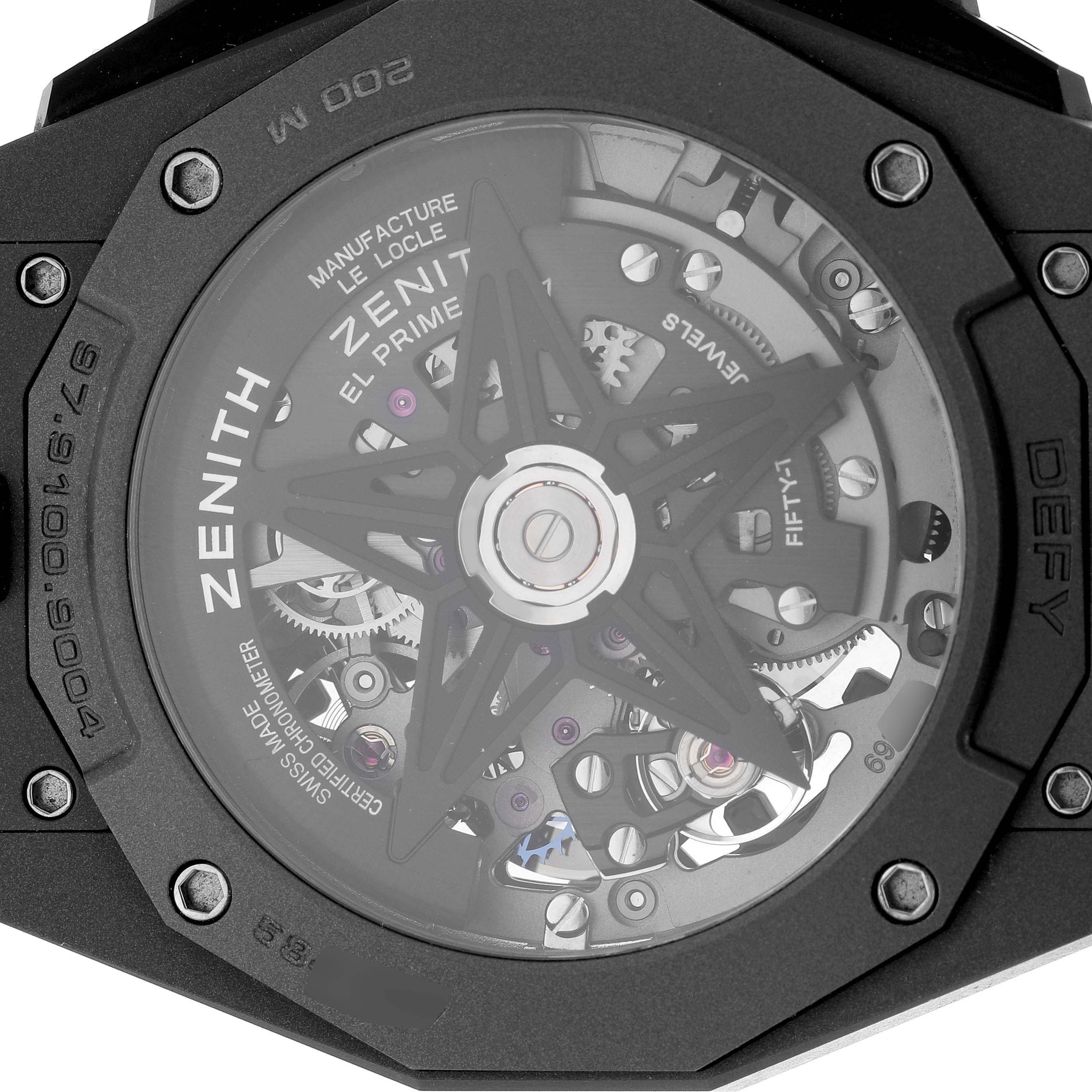 The Zenith Defy 97.9100.9004 Men's Titanium Grey Dial model watch is shown from the back, highlighting its intricate movement and rotor design.