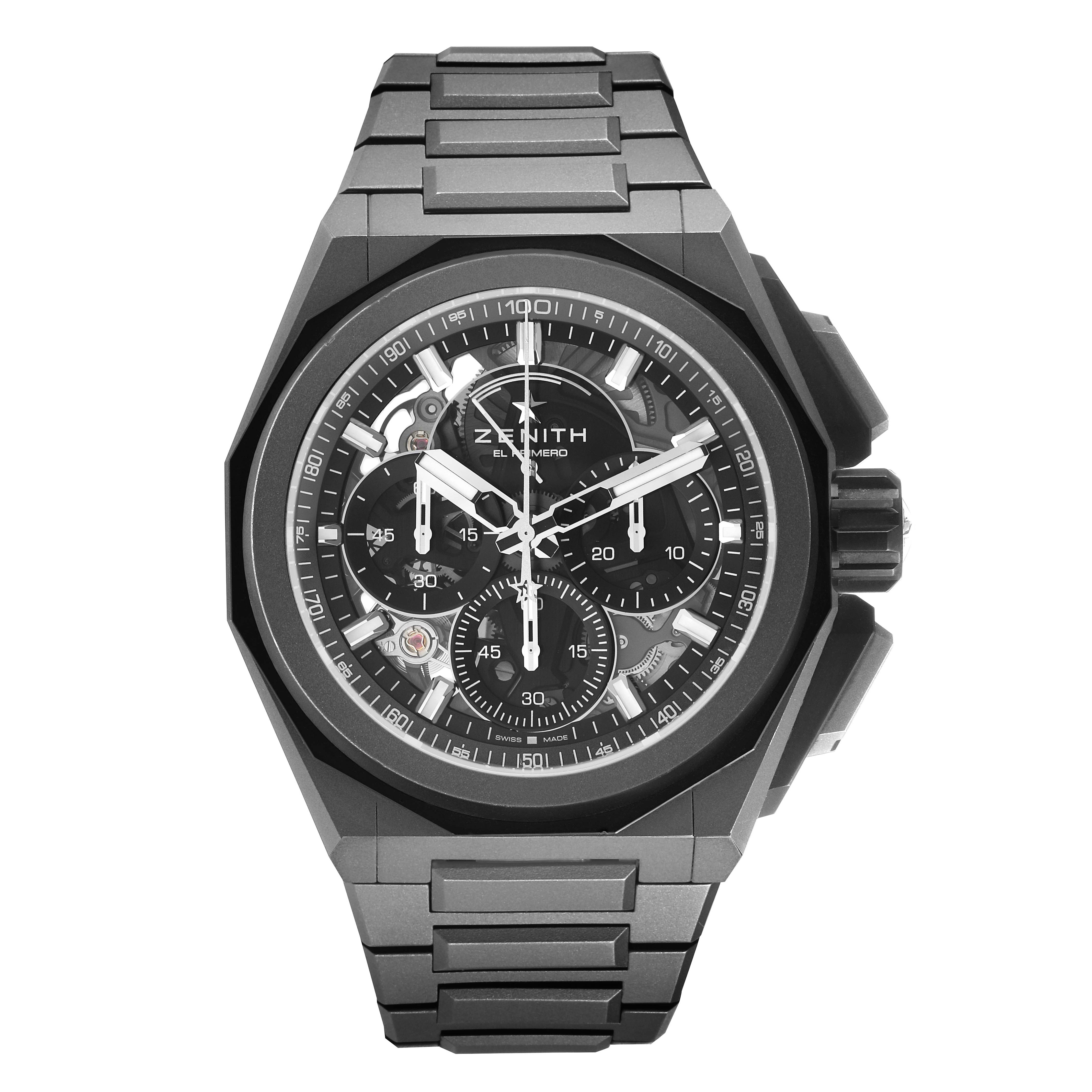 The Zenith Defy 97.9100.9004 Men's Titanium Grey Dial watch is shown from a front angle, highlighting the dial, bracelet, and crown.