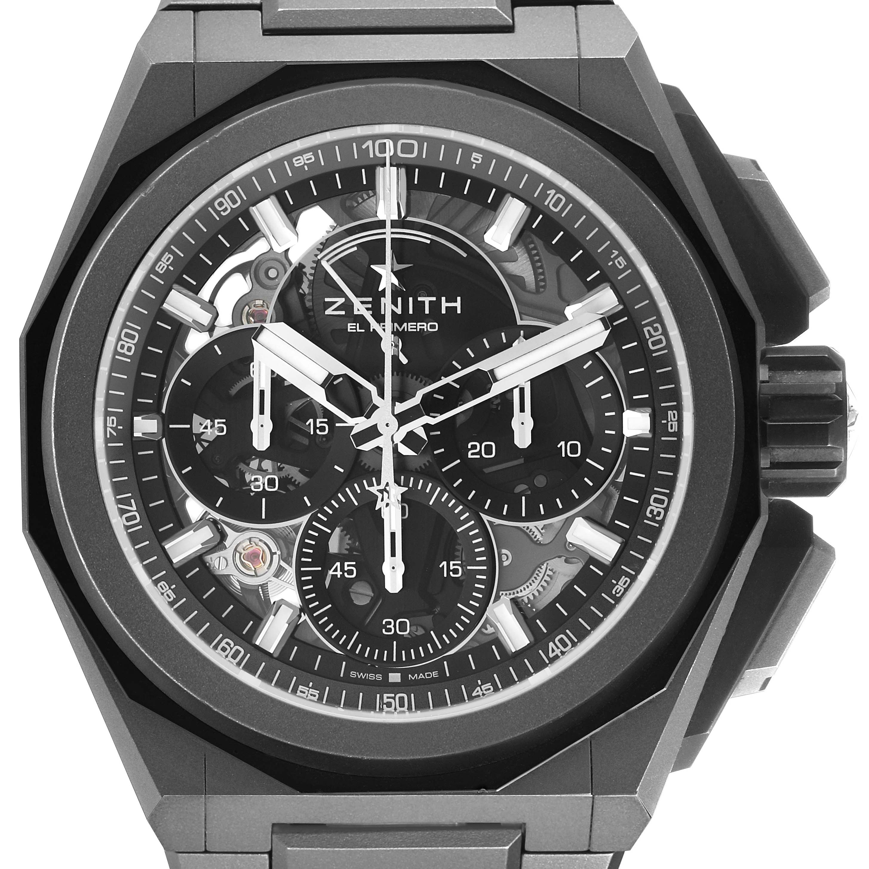This Zenith Defy 97.9100.9004 Men's Titanium Grey Dial watch is shown from a front angle, highlighting its detailed dial and chronograph features.