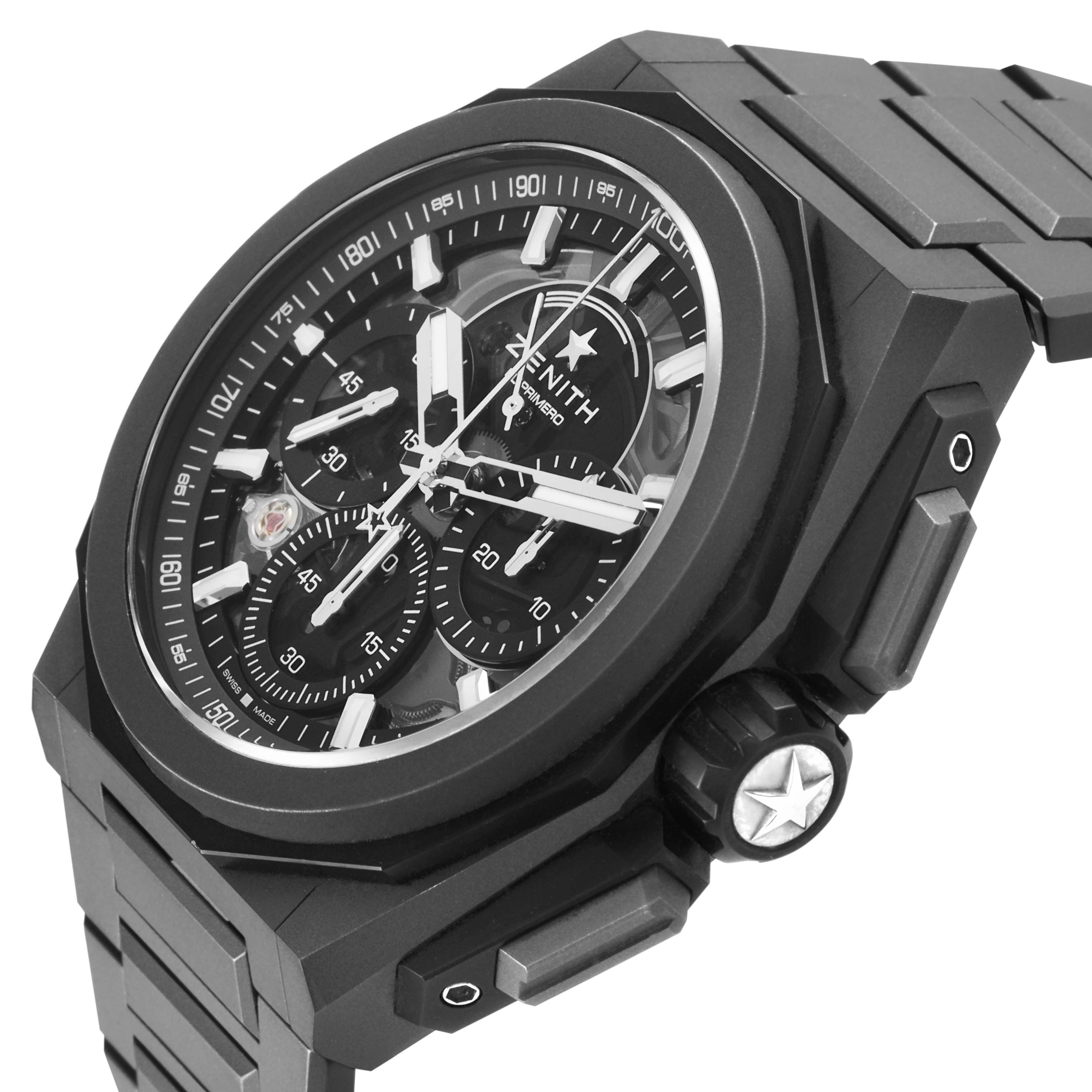 The Zenith Defy 97.9100.9004 Men's Titanium Grey Dial watch is shown from an angled side view, highlighting its case, crown, and bracelet.