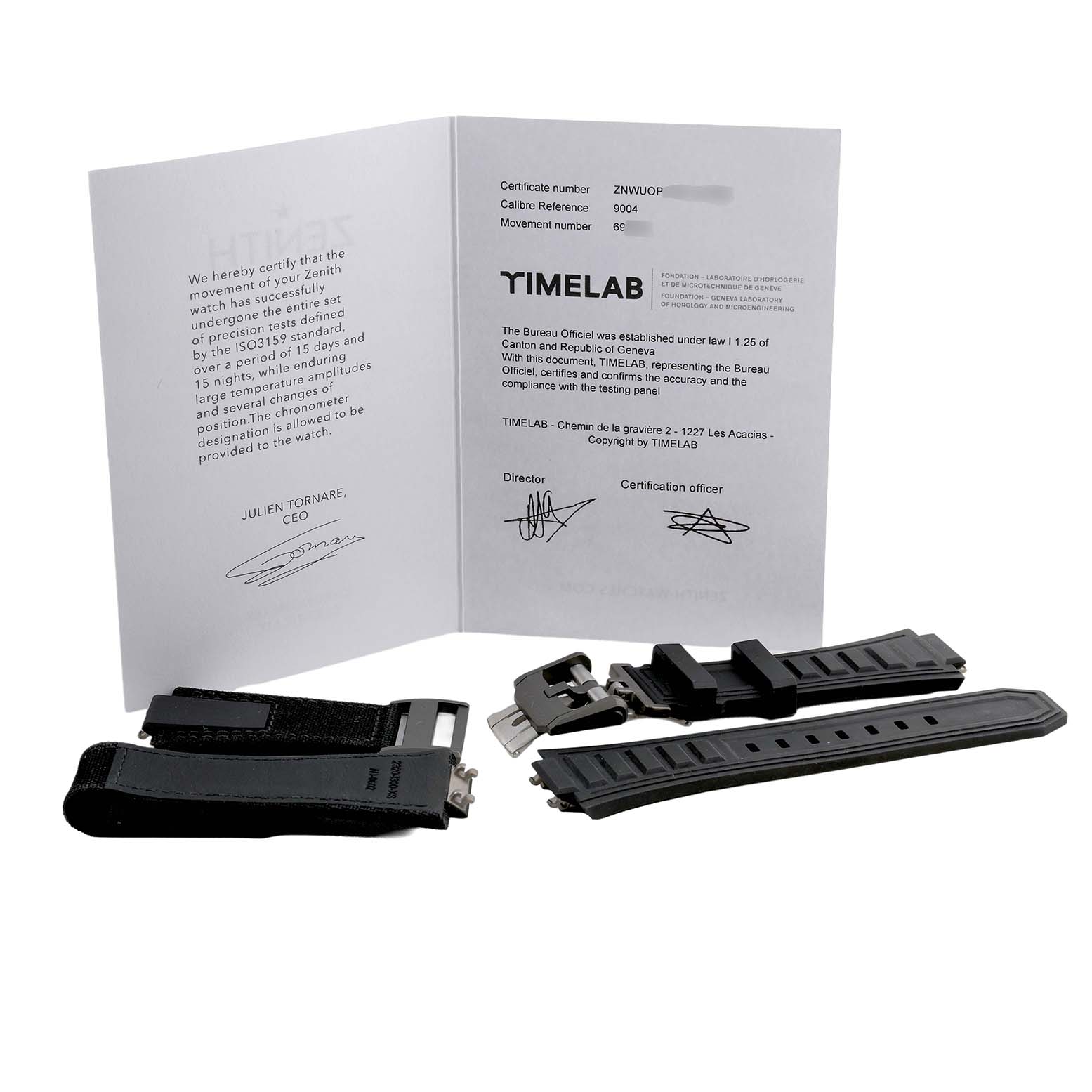 The image shows replacement straps and clasps for a Zenith Defy 97.9100.9004 Men's Titanium Grey Dial watch, alongside a certificate.