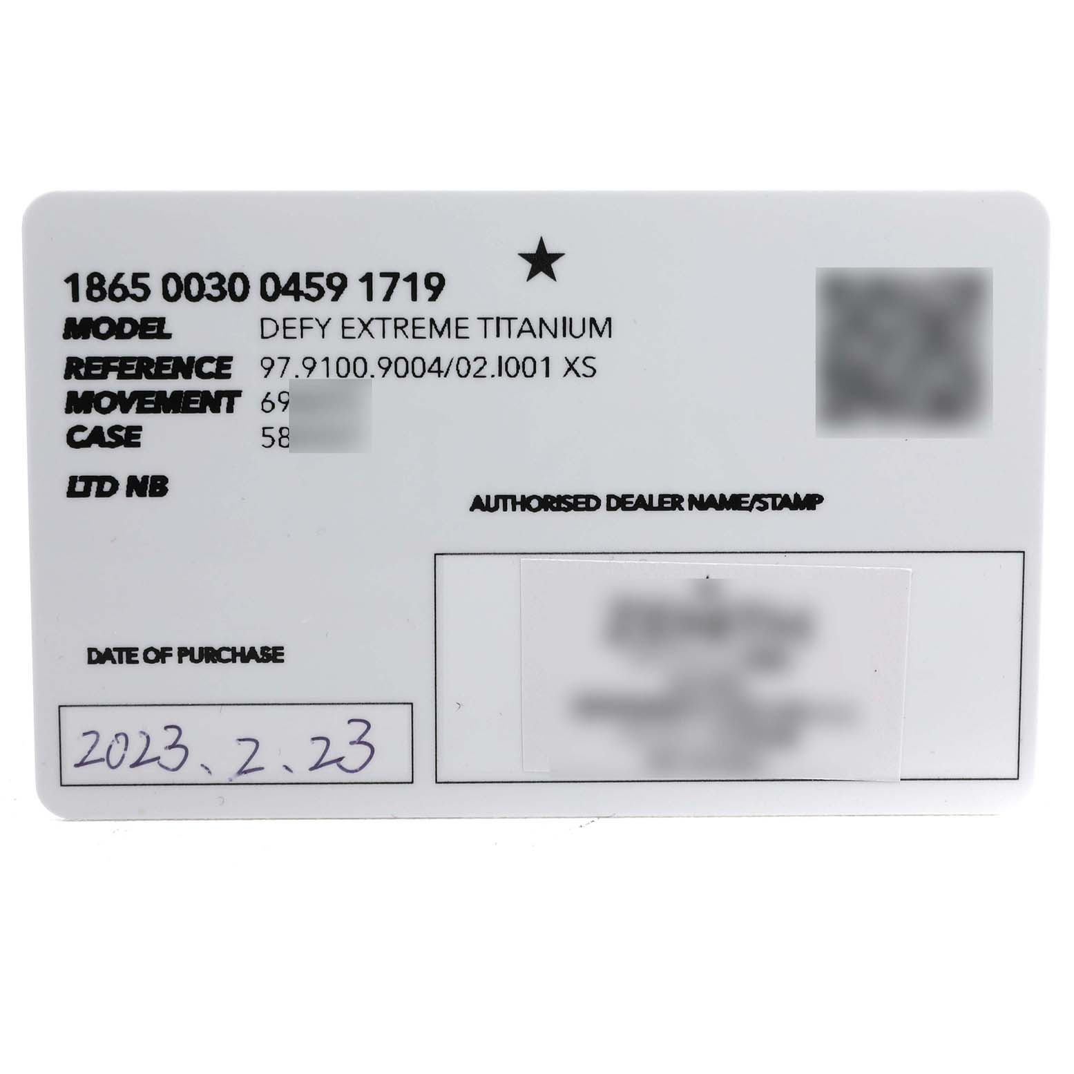 The image shows a Zenith Defy 97.9100.9004 Men's Titanium Grey Dial Extreme Titanium watch warranty card with model details and purchase date.