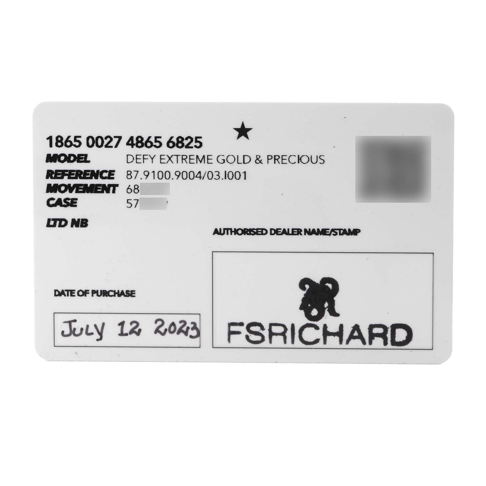 This image shows the warranty card for a Zenith Defy 87.9100.9004 Men's Titanium Grey Dial Extreme Gold & Precious watch.