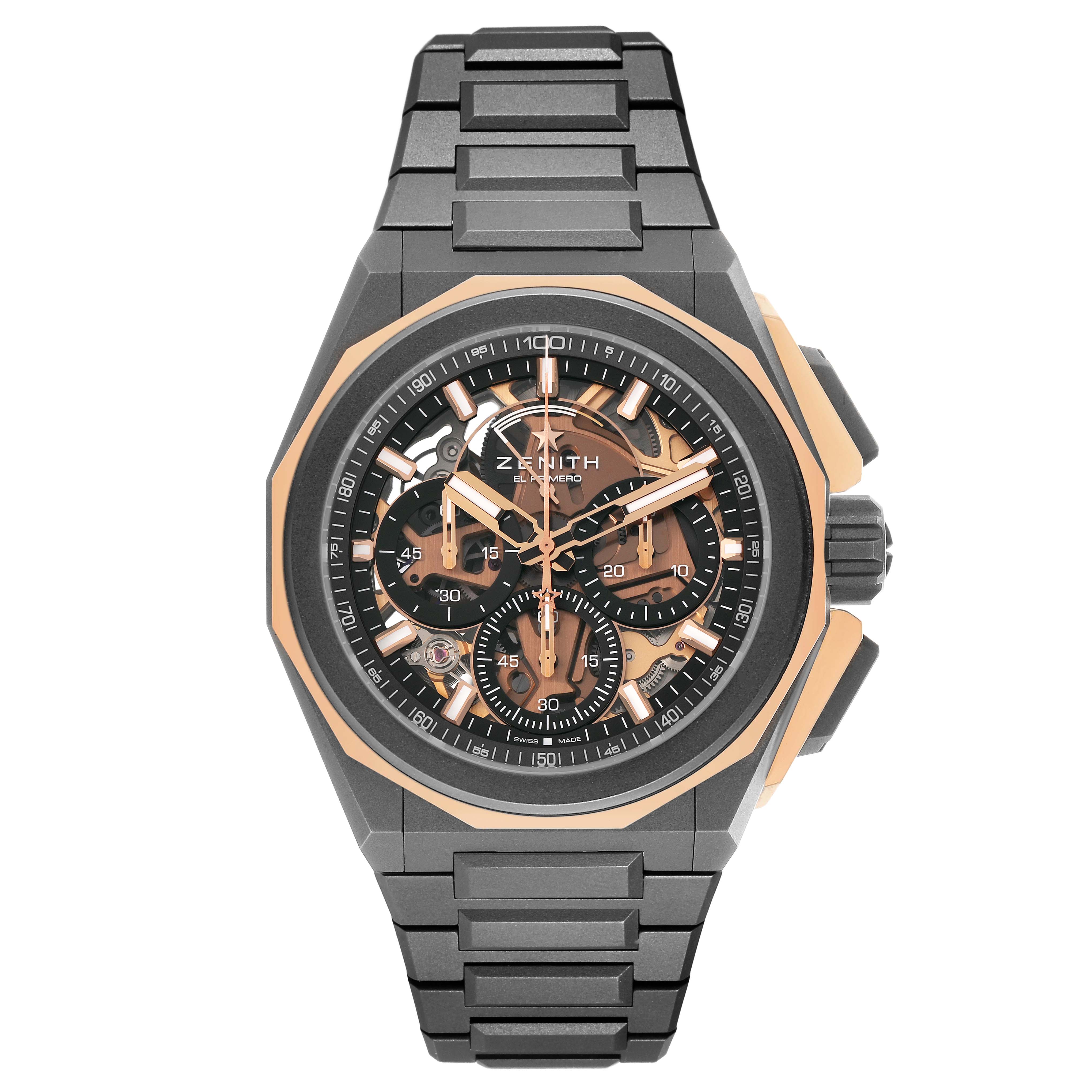 The Zenith Defy 87.9100.9004 Men's Titanium Grey Dial watch is shown from a front view, displaying its dial, bezel, and bracelet.