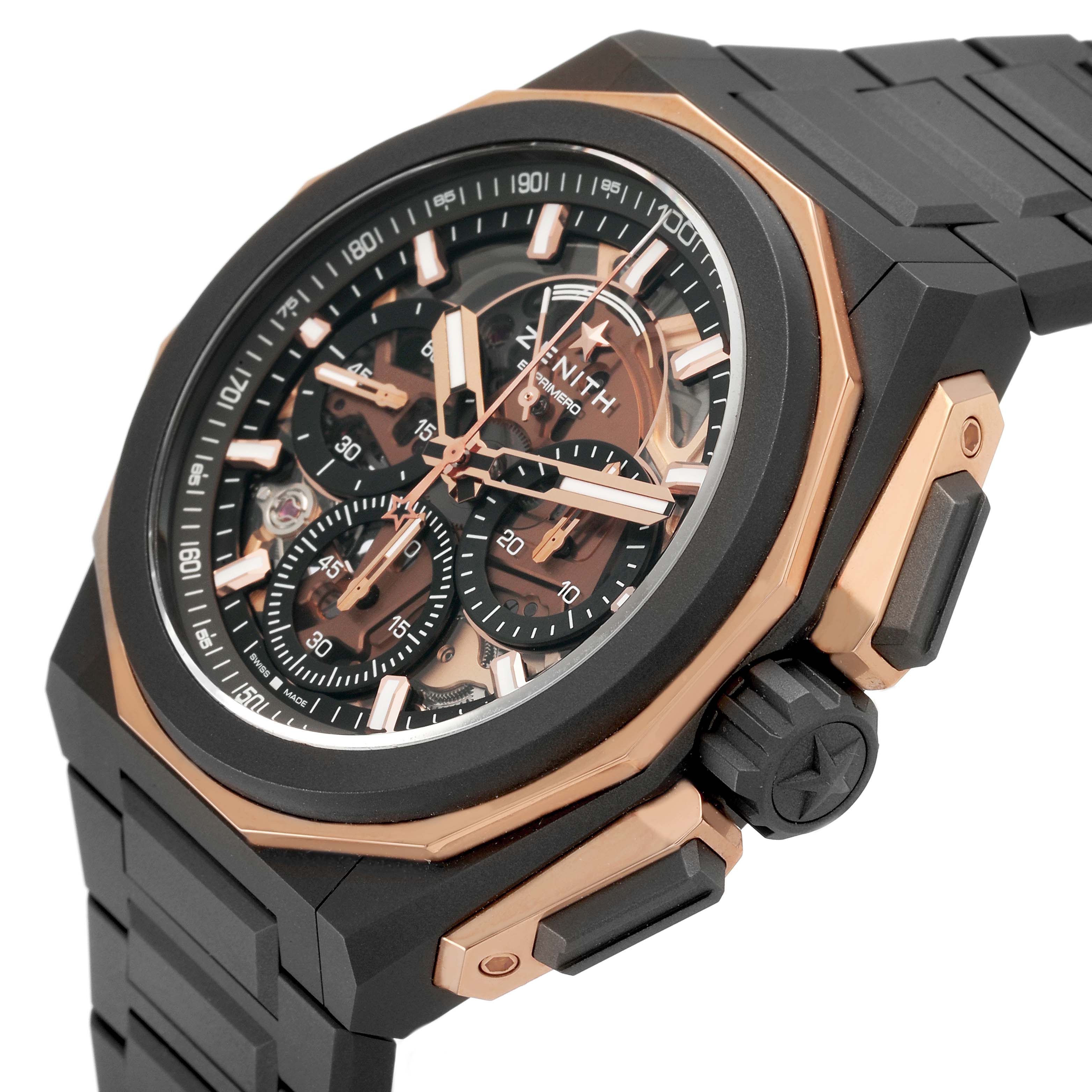 The Zenith Defy 87.9100.9004 Men's Titanium Grey Dial watch is shown at a three-quarter angle, displaying the face, side buttons, and strap connection.