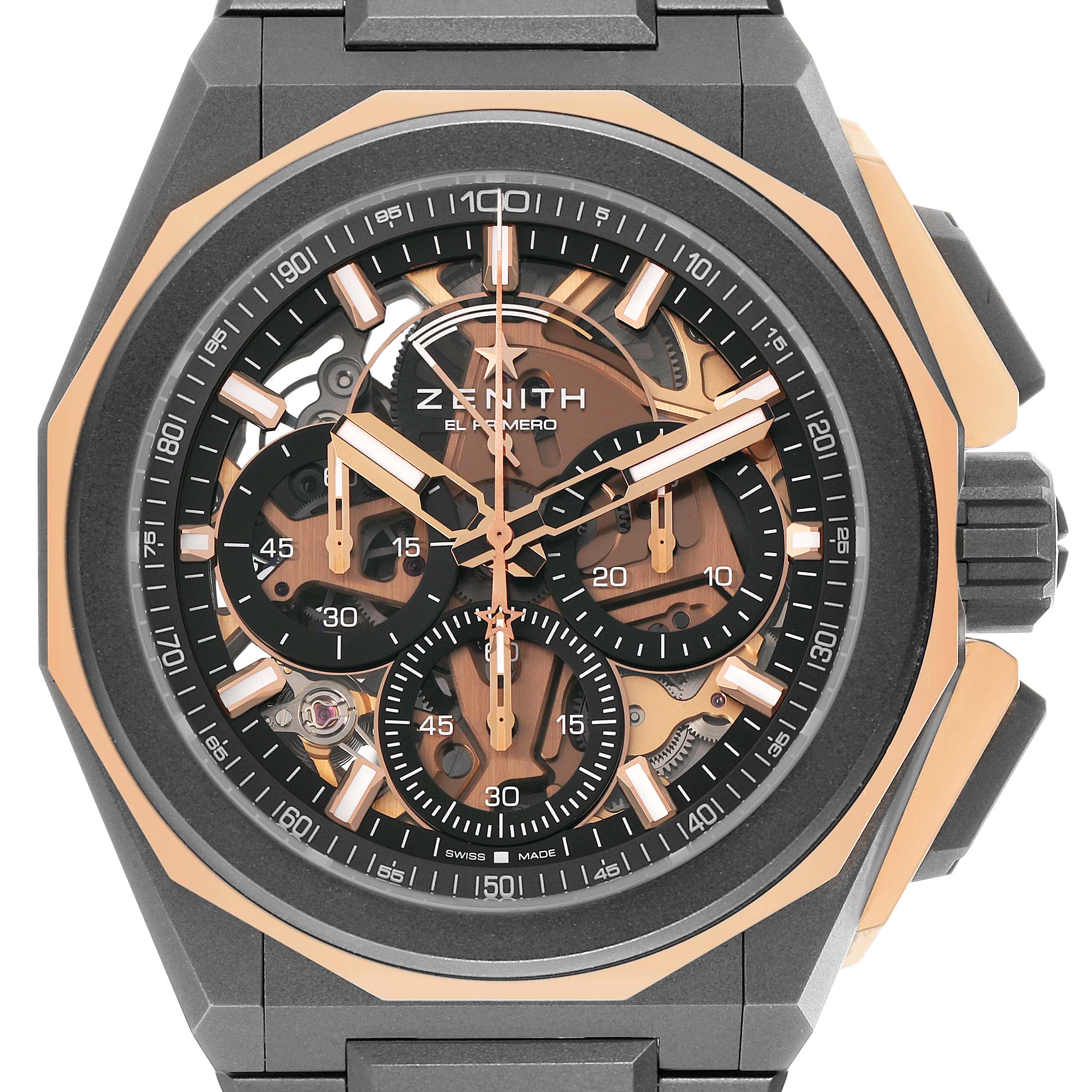 The Zenith Defy 87.9100.9004 Men's Titanium Grey Dial watch is shown from a front angle, highlighting its face and chronograph dials.