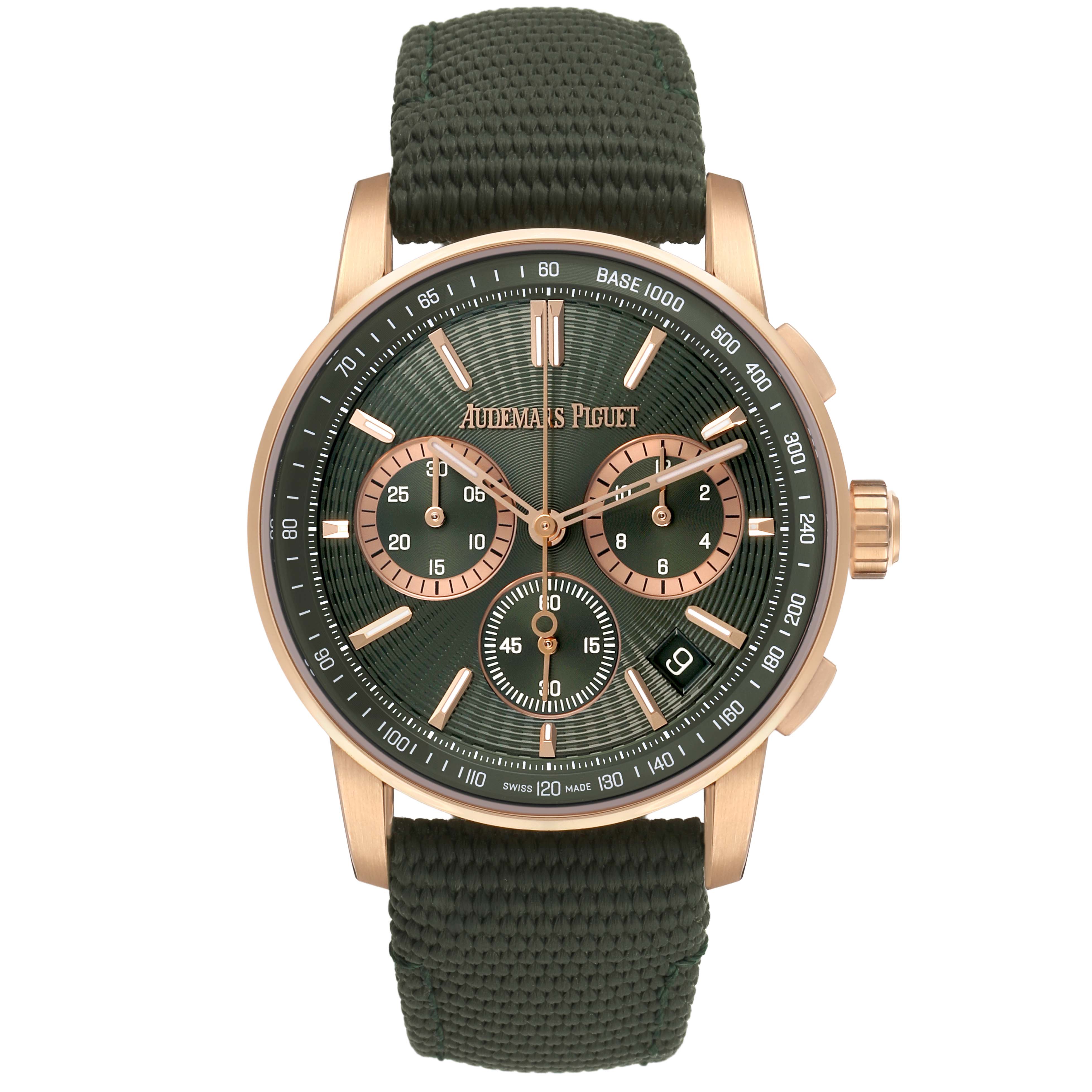The Audemars Piguet Code 11.59 26393OR Men's Rose Gold Green Dial watch is shown from the front, displaying its green dial, gold markers, and black bezel.