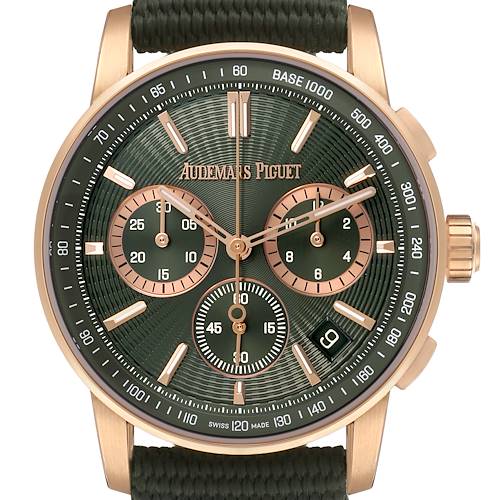 The watch is shown from the front, displaying the dial, subdials, brand name, and crown of the Audemars Piguet Code 11.59 26393OR Men's Rose Gold Green Dial.
