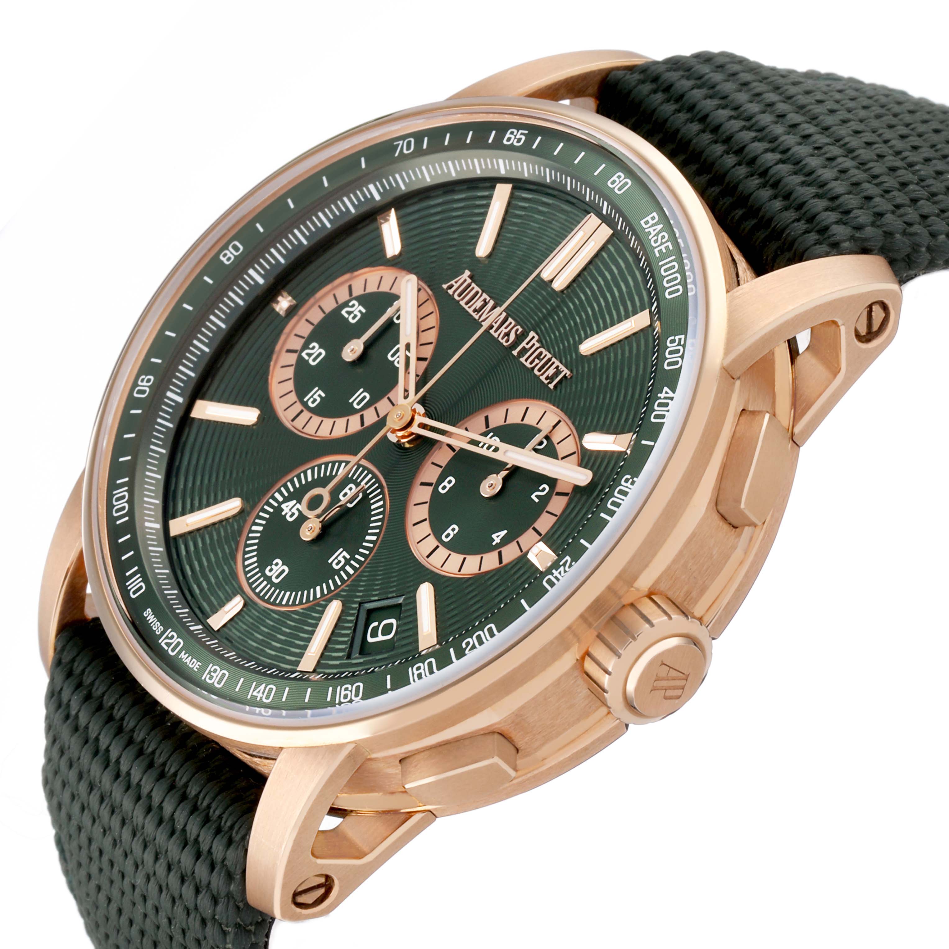 The Audemars Piguet Code 11.59 26393OR Men's Rose Gold Green Dial watch is shown at a tilted angle, highlighting the green dial, subdials, and rose gold case.