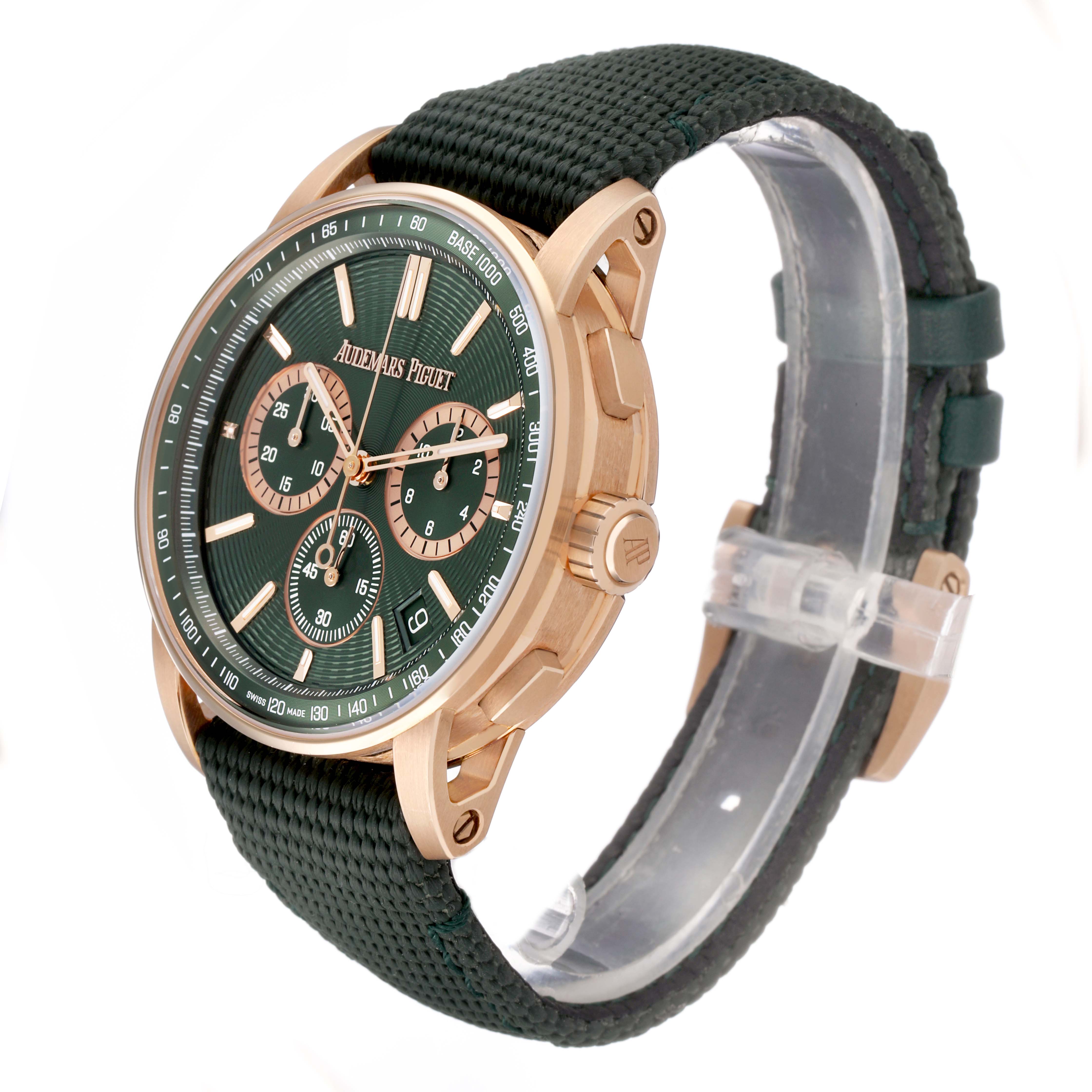The Audemars Piguet Code 11.59 26393OR Men's Rose Gold Green Dial watch is shown at an angled side view, highlighting its bezel, crown, dial, and strap.