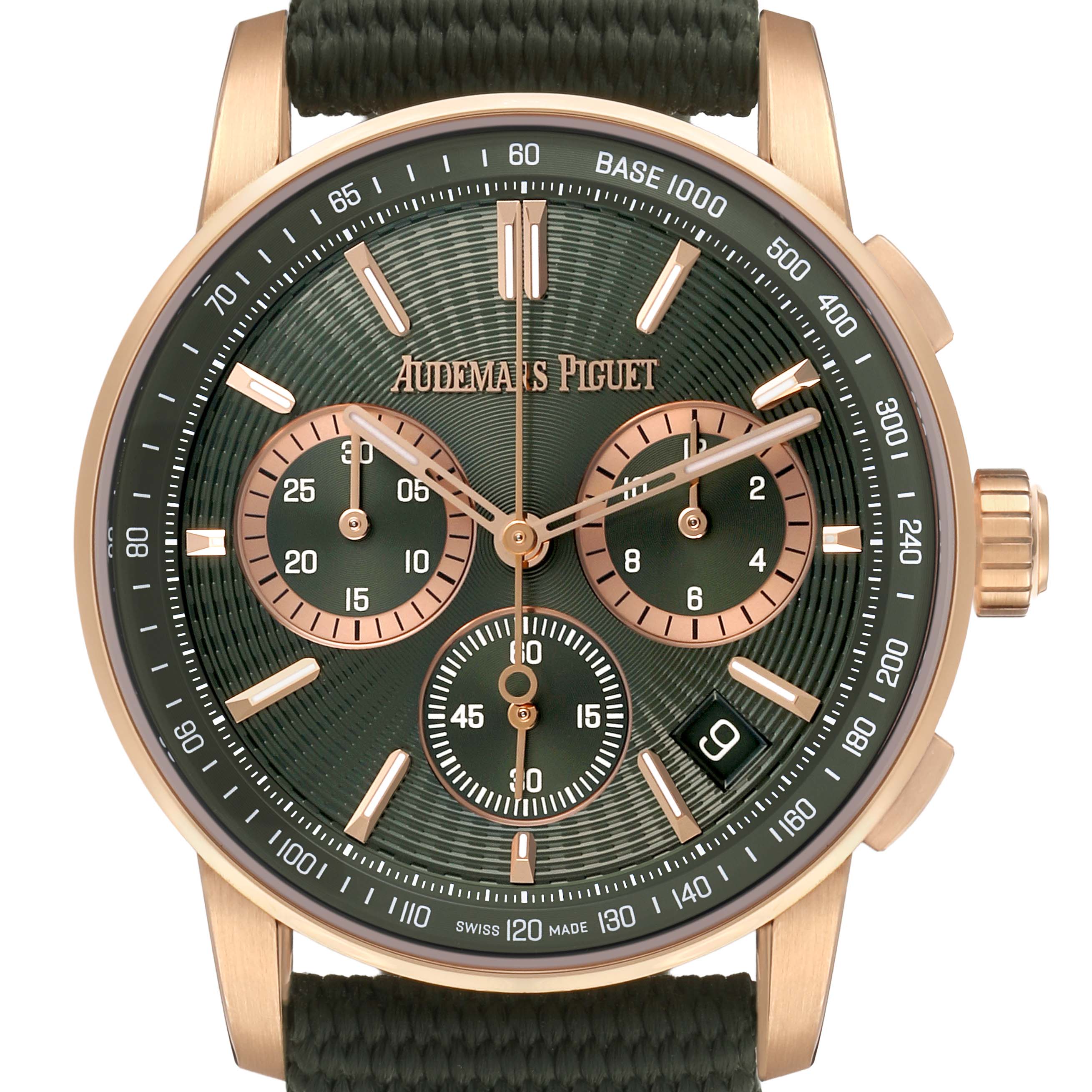 The Audemars Piguet Code 11.59 26393OR Men's Rose Gold Green Dial watch is shown from the front, displaying the dial, subdials, hands, and crown.