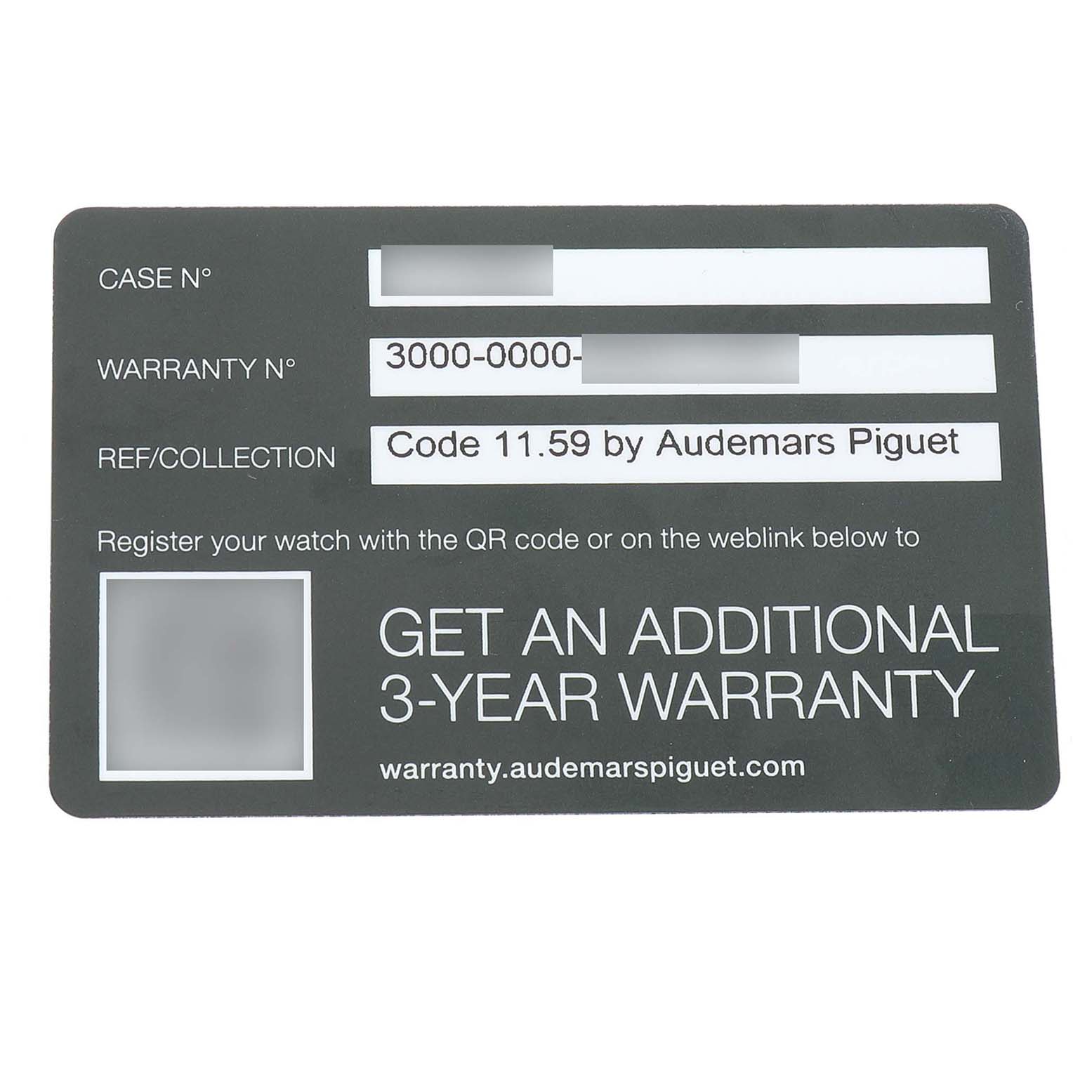 This image shows a warranty card for the Code 11.59 by Audemars Piguet.