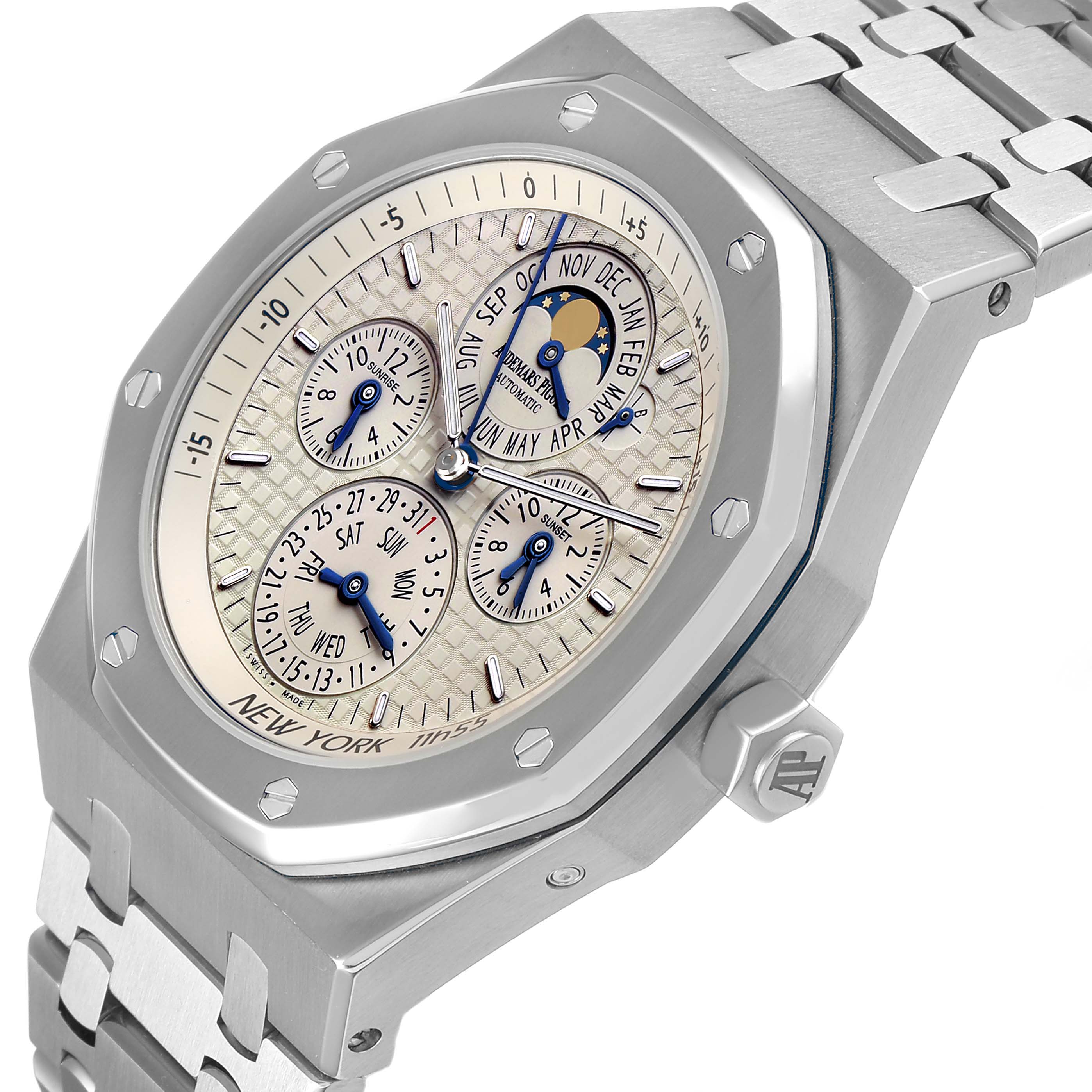 The Audemars Piguet Royal Oak 26603ST Men's Stainless Steel Silver Dial model is shown at an angled side view, highlighting the octagonal bezel, dial, subdials, and bracelet.