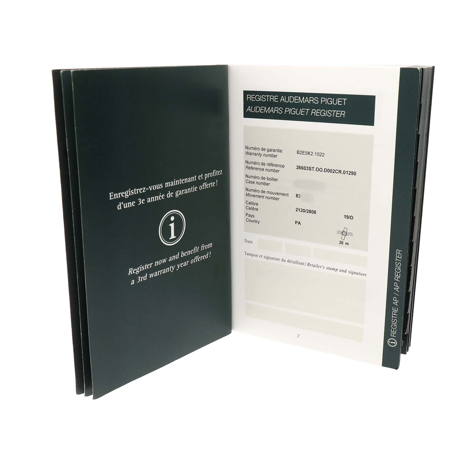 This image shows the open warranty card booklet for a Royal Oak model by Audemars Piguet from an angled view.