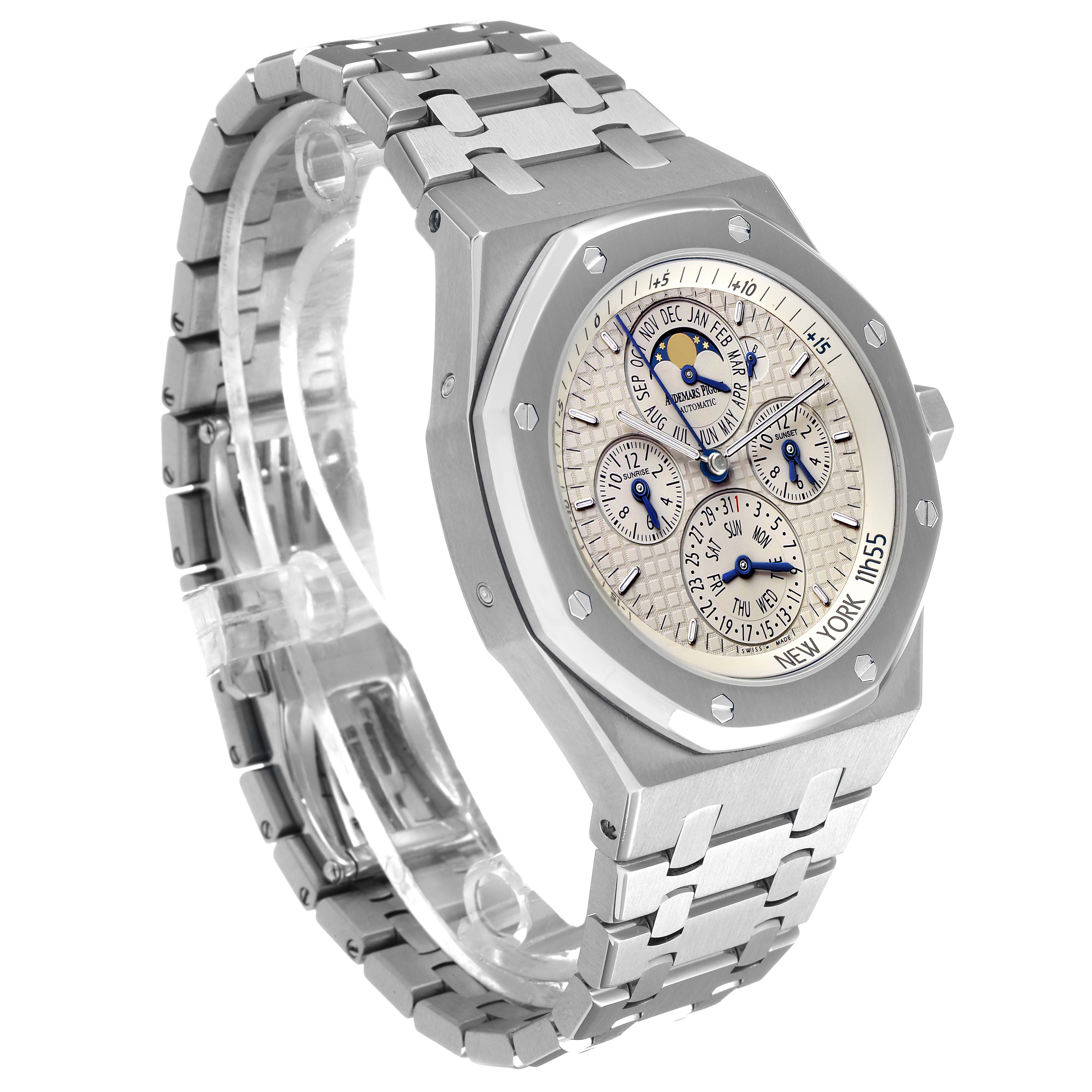 The Audemars Piguet Royal Oak 26603ST Men's Stainless Steel Silver Dial watch is shown at a three-quarter angle, highlighting the octagonal bezel, dial, and bracelet.