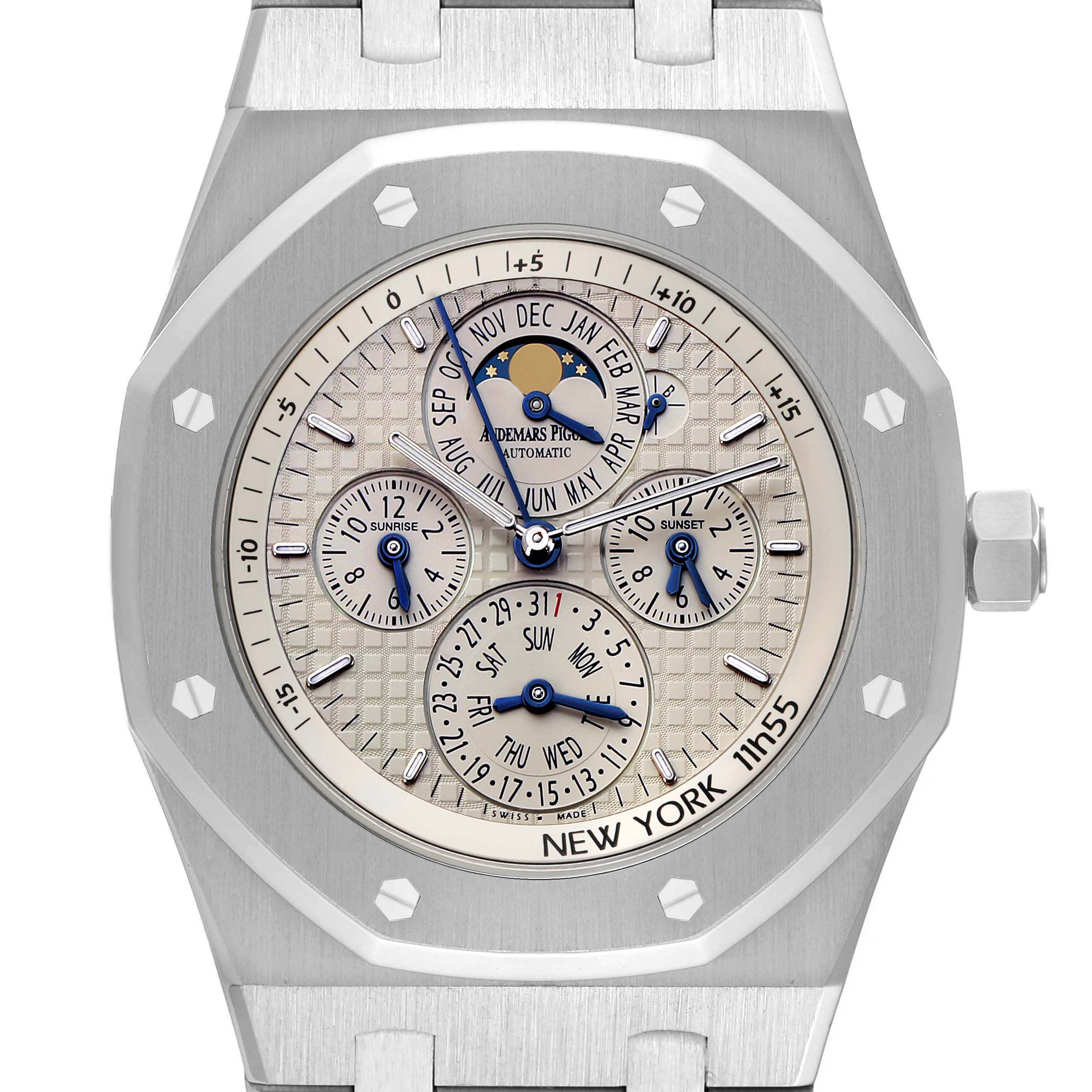 The Audemars Piguet Royal Oak 26603ST Men's Stainless Steel Silver Dial watch is shown from the front, highlighting its face, dials, and octagonal bezel.