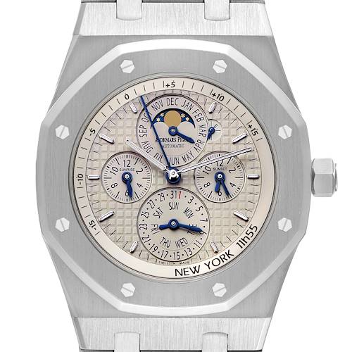 The image shows a frontal view of the Audemars Piguet Royal Oak 26603ST Men's Stainless Steel Silver Dial, highlighting its dial and calendar complications.