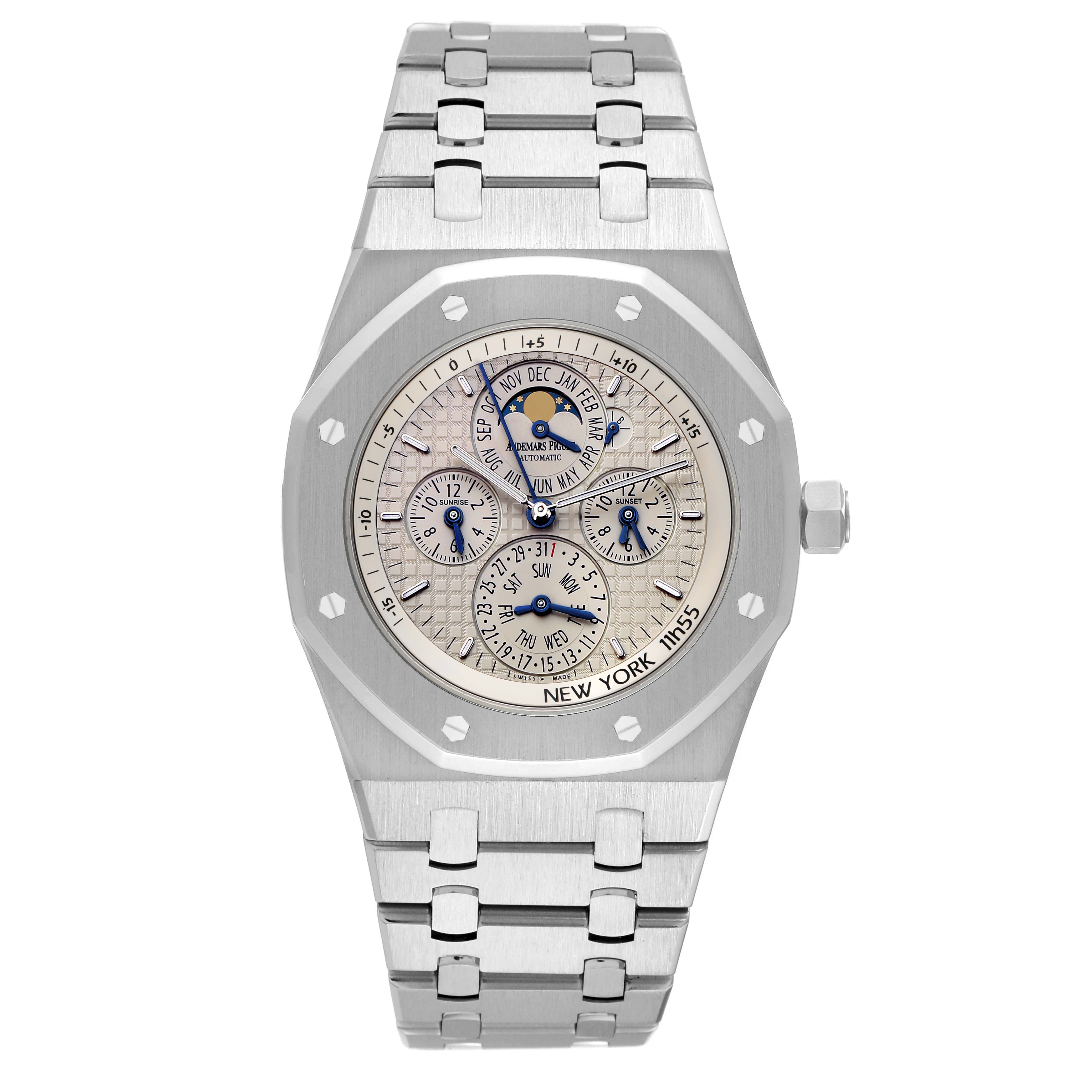 The Audemars Piguet Royal Oak 26603ST Men's Stainless Steel Silver Dial watch is shown from a top-down angle, highlighting its face, bezel, and bracelet.