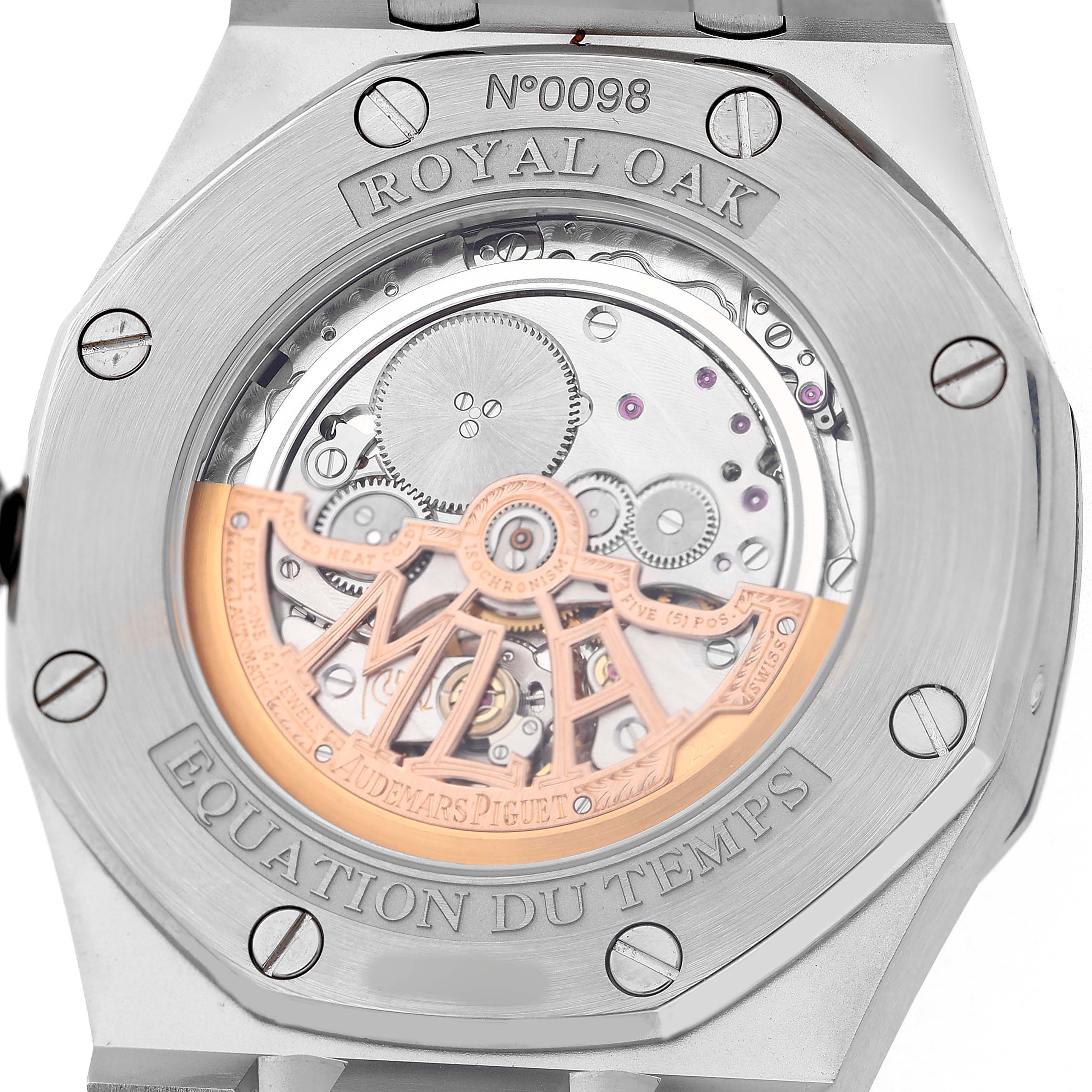 The image shows the back view of the Audemars Piguet Royal Oak 26603ST Men's Stainless Steel Silver Dial, highlighting the movement and rotor.