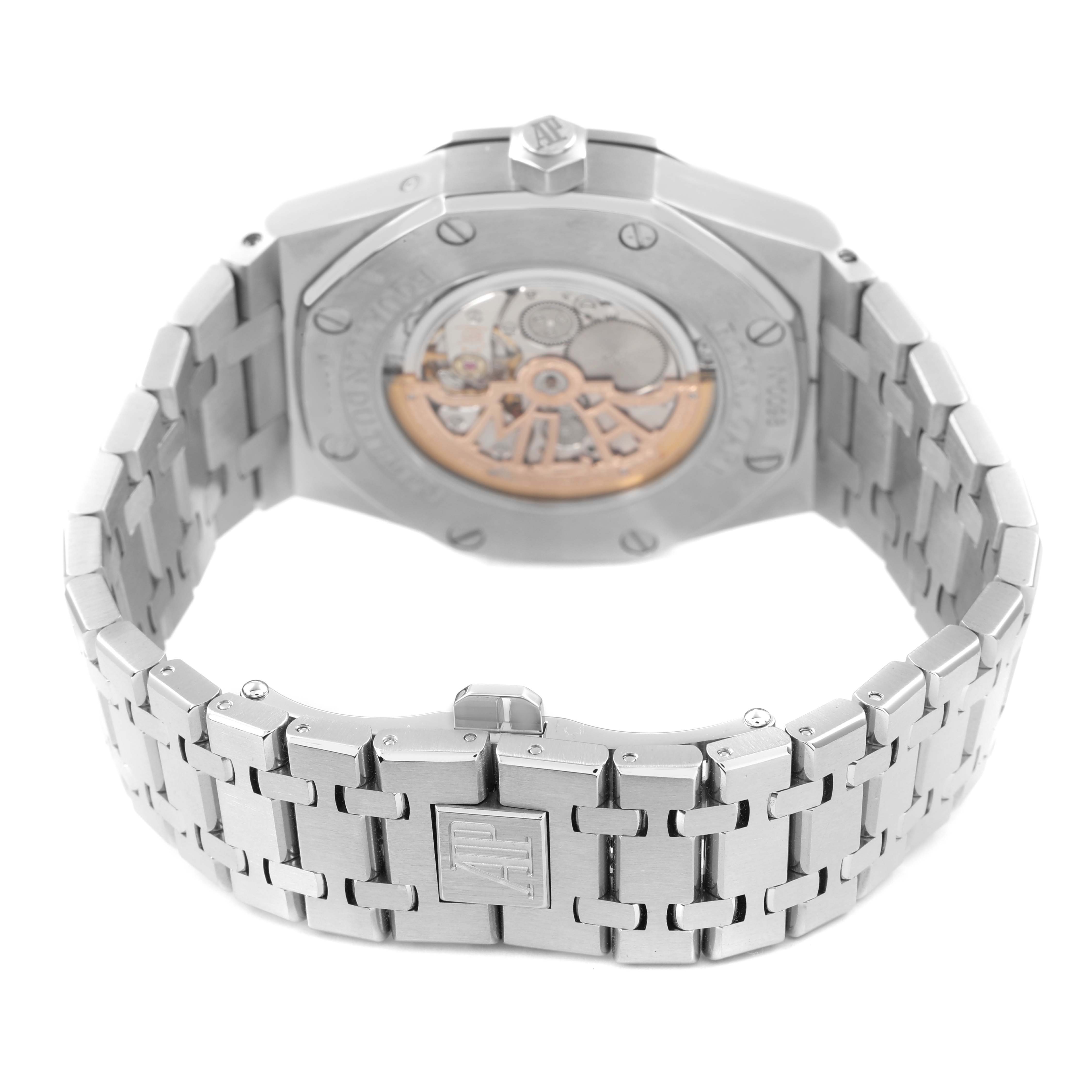 The image shows the back view of the Audemars Piguet Royal Oak 26603ST Men's Stainless Steel Silver Dial, highlighting the open case back and bracelet.
