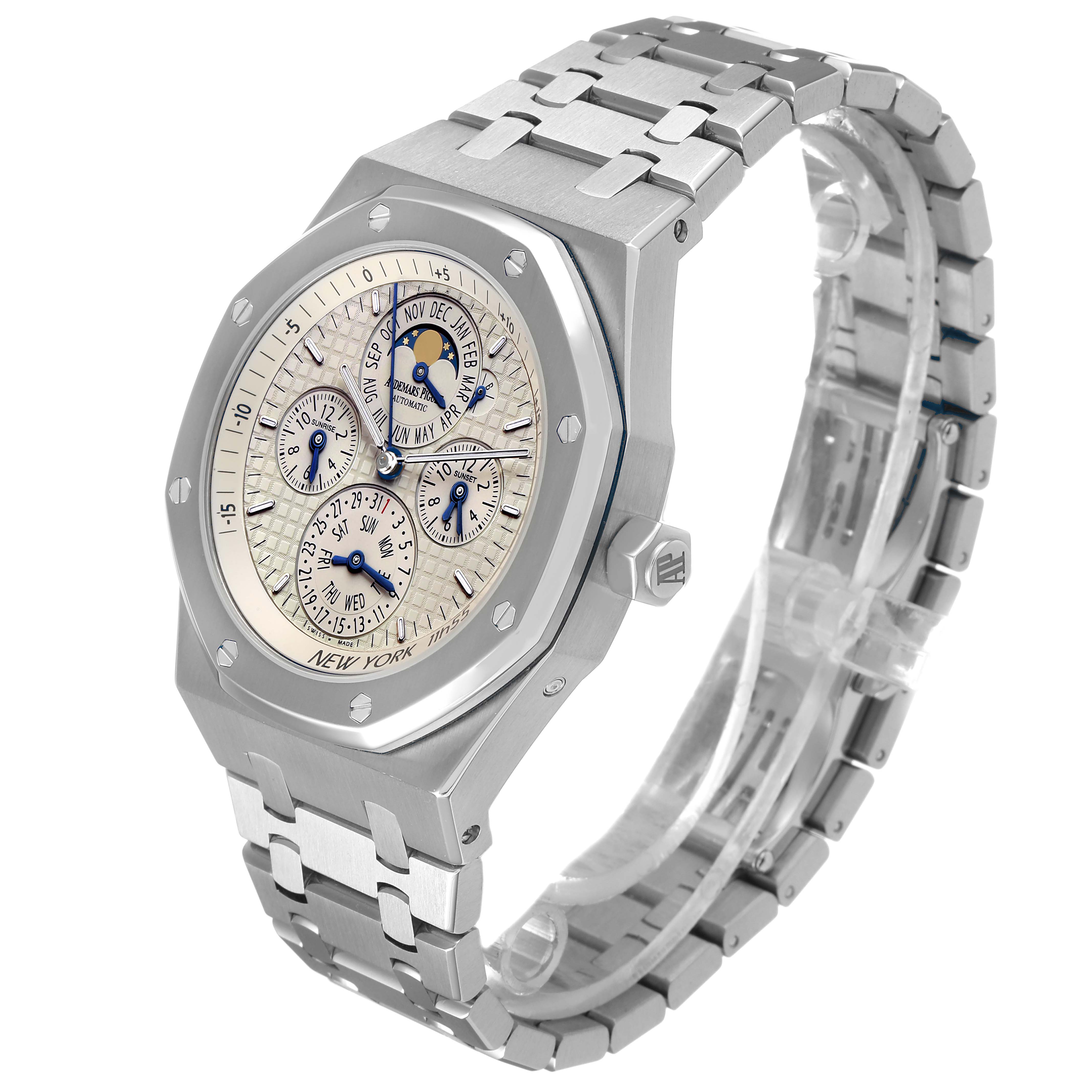 The Audemars Piguet Royal Oak 26603ST Men's Stainless Steel Silver Dial watch is shown at an angled front view, displaying the watch face, bezel, and bracelet.