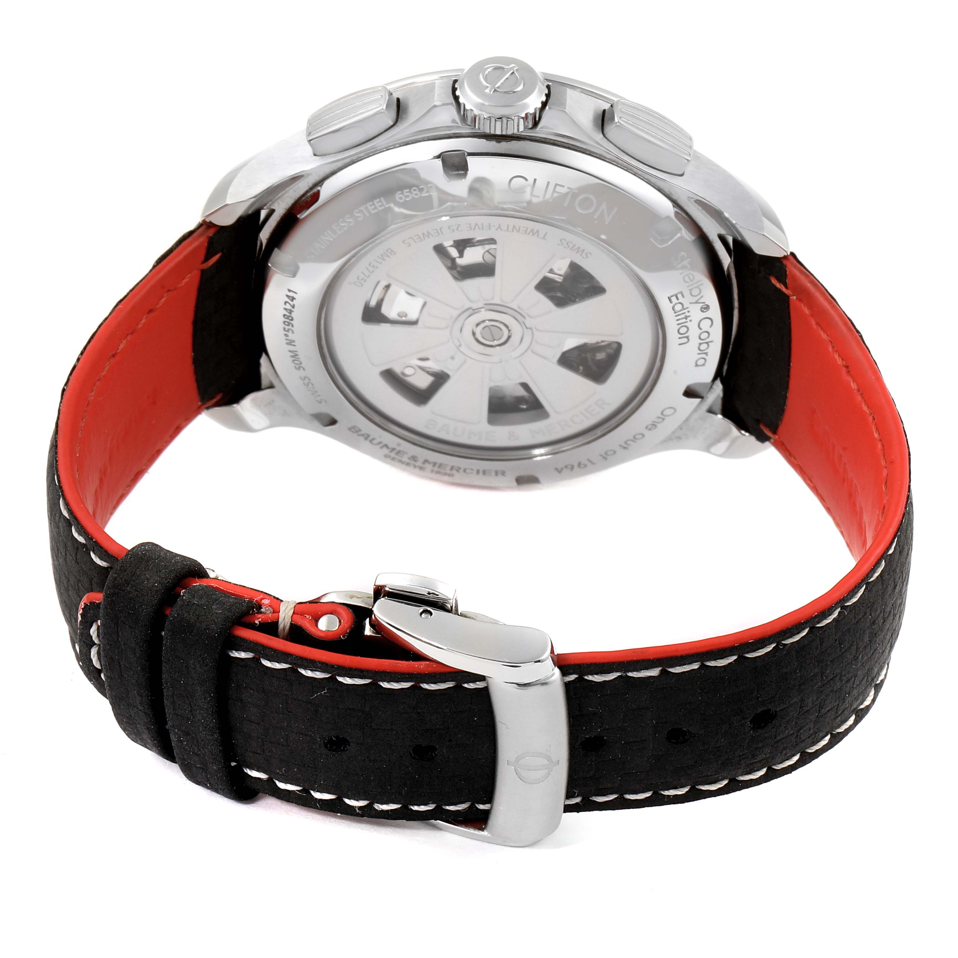 The image shows the back view of the Baume & Mercier Clifton M0A10342 Men's Stainless Steel Silver Dial M0A10342 Men's Stainless Steel Silver Dial watch, highlighting its movement and strap.