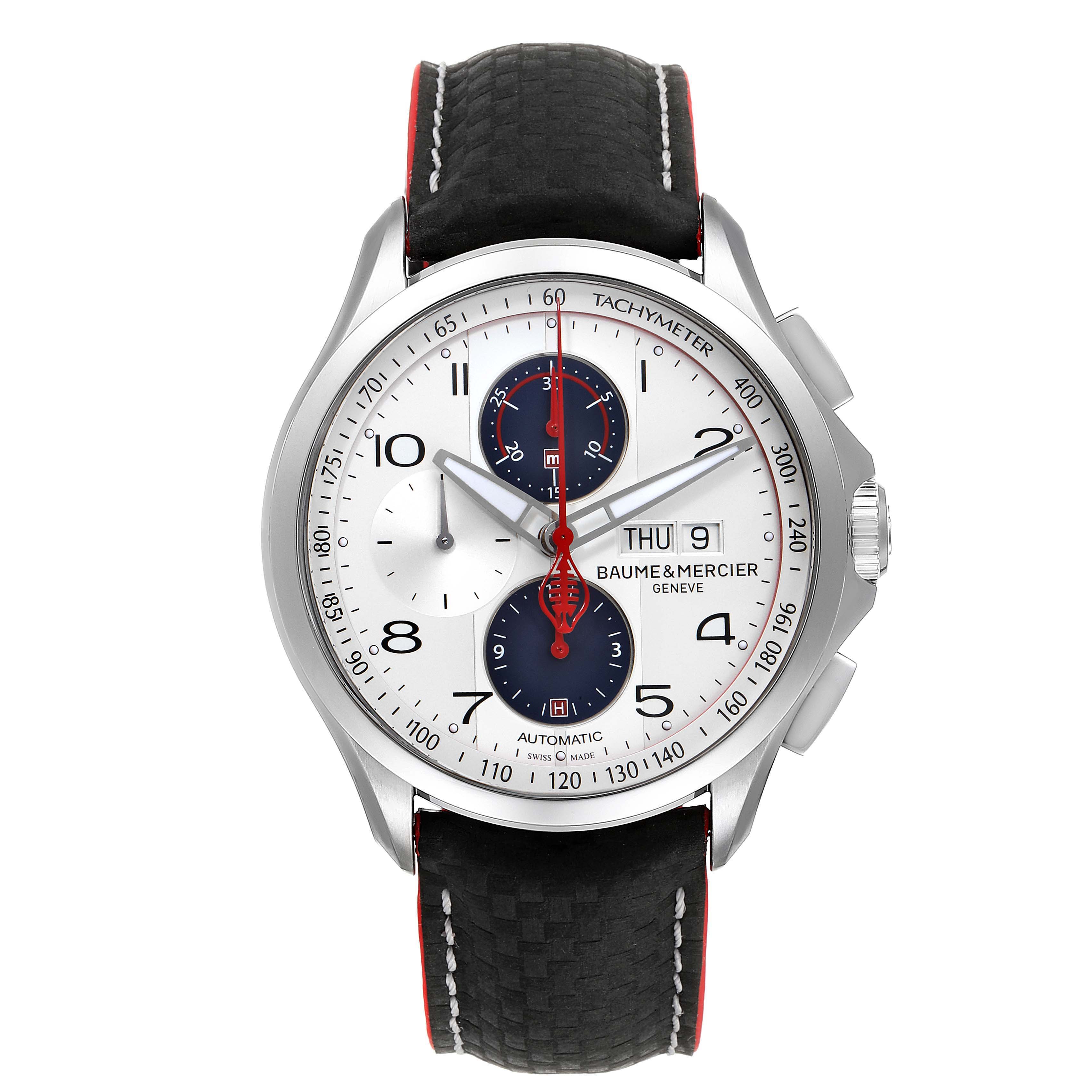 The Baume & Mercier Clifton M0A10342 Men's Stainless Steel Silver Dial M0A10342 Men's Stainless Steel Silver Dial watch is shown from the front, showcasing its dial, tachymeter, subdials, and leather strap.