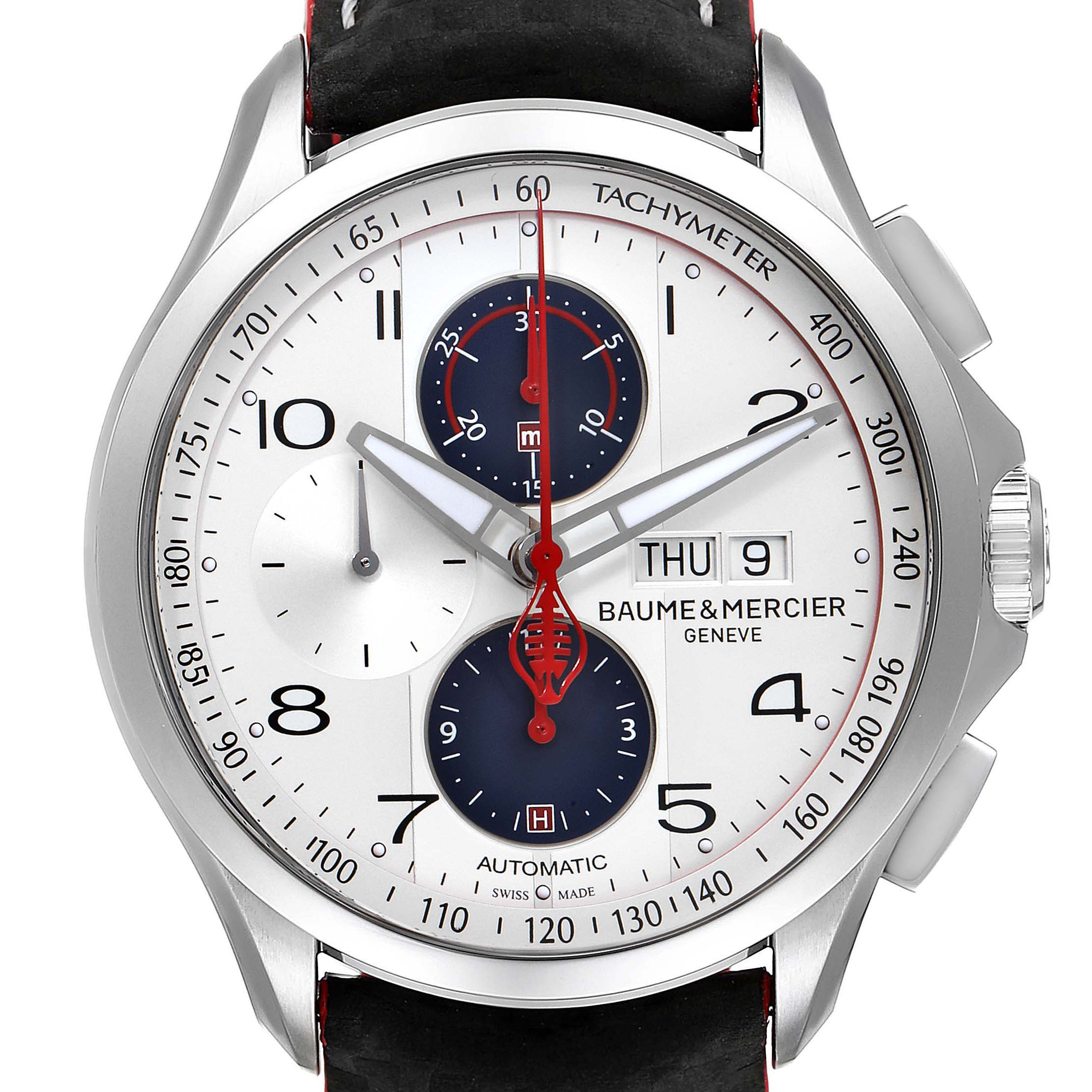 The image shows a frontal view of the Baume & Mercier Clifton M0A10342 Men's Stainless Steel Silver Dial M0A10342 Men's Stainless Steel Silver Dial watch, featuring its dial, chronograph subdials, and tachymeter.
