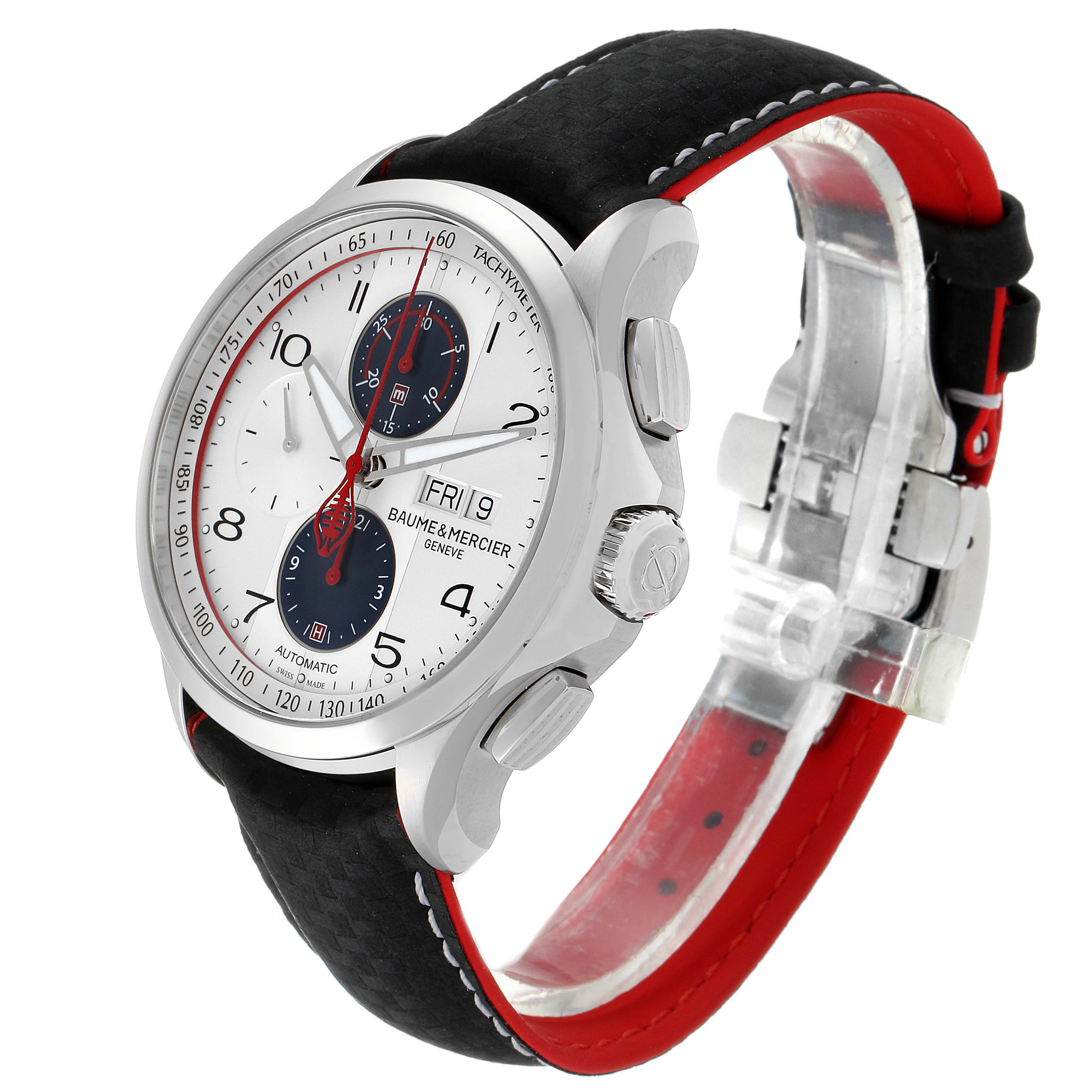 The Baume & Mercier Clifton M0A10342 Men's Stainless Steel Silver Dial M0A10342 Men's Stainless Steel Silver Dial watch is shown at an angled view, highlighting the dial, case, crown, and leather strap.