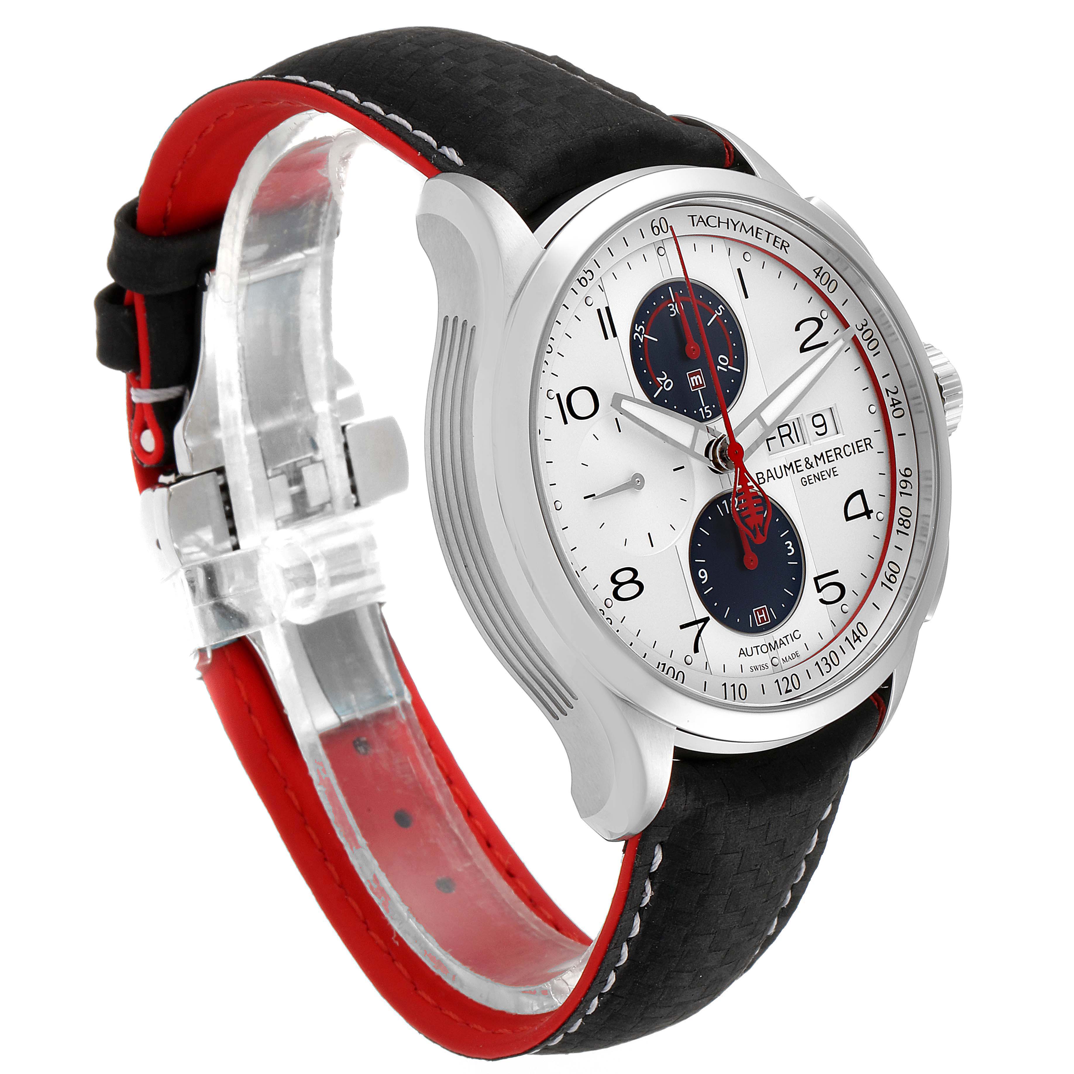 The Baume & Mercier Clifton M0A10342 Men's Stainless Steel Silver Dial M0A10342 Men's Stainless Steel Silver Dial watch is shown from a front-left angle, highlighting its dial, bezel, and strap.