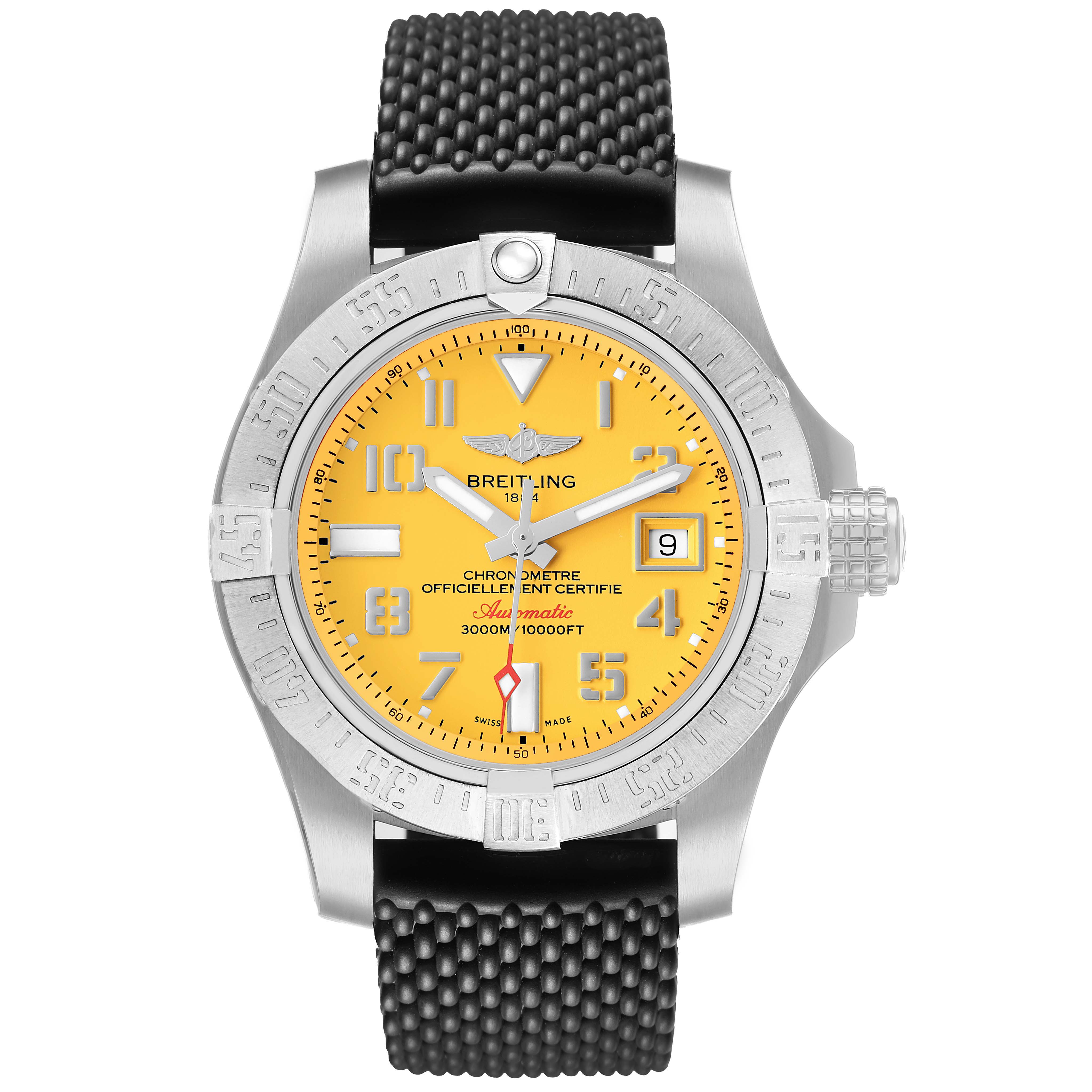 The Breitling Avenger A17331 Men's Stainless Steel Yellow Dial watch is shown from a front view, displaying its yellow dial, bezel, hands, and strap.