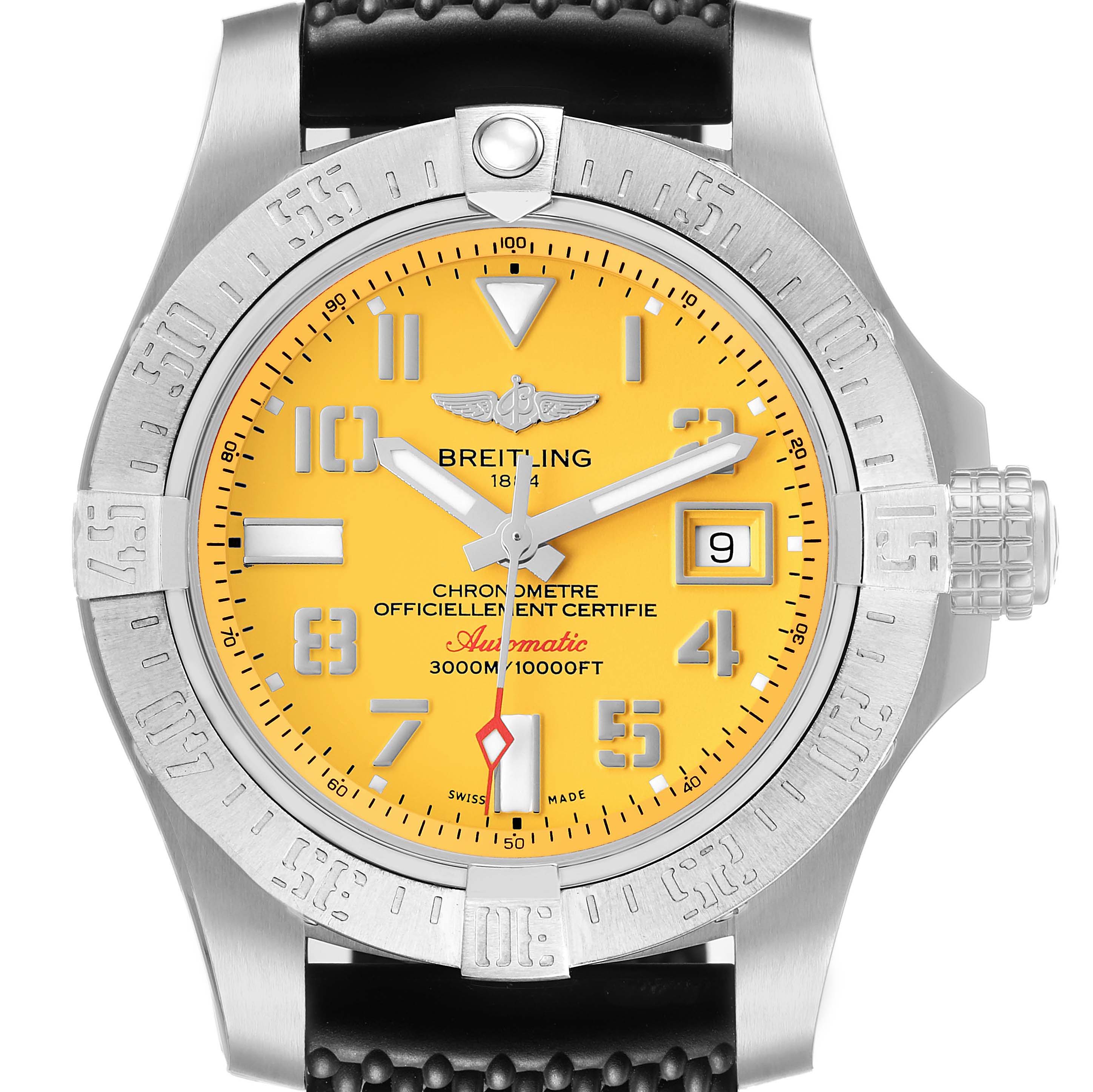 The Breitling Avenger A17331 Men's Stainless Steel Yellow Dial watch is shown from the front, featuring a yellow dial, bezel, crown, and hour markers.