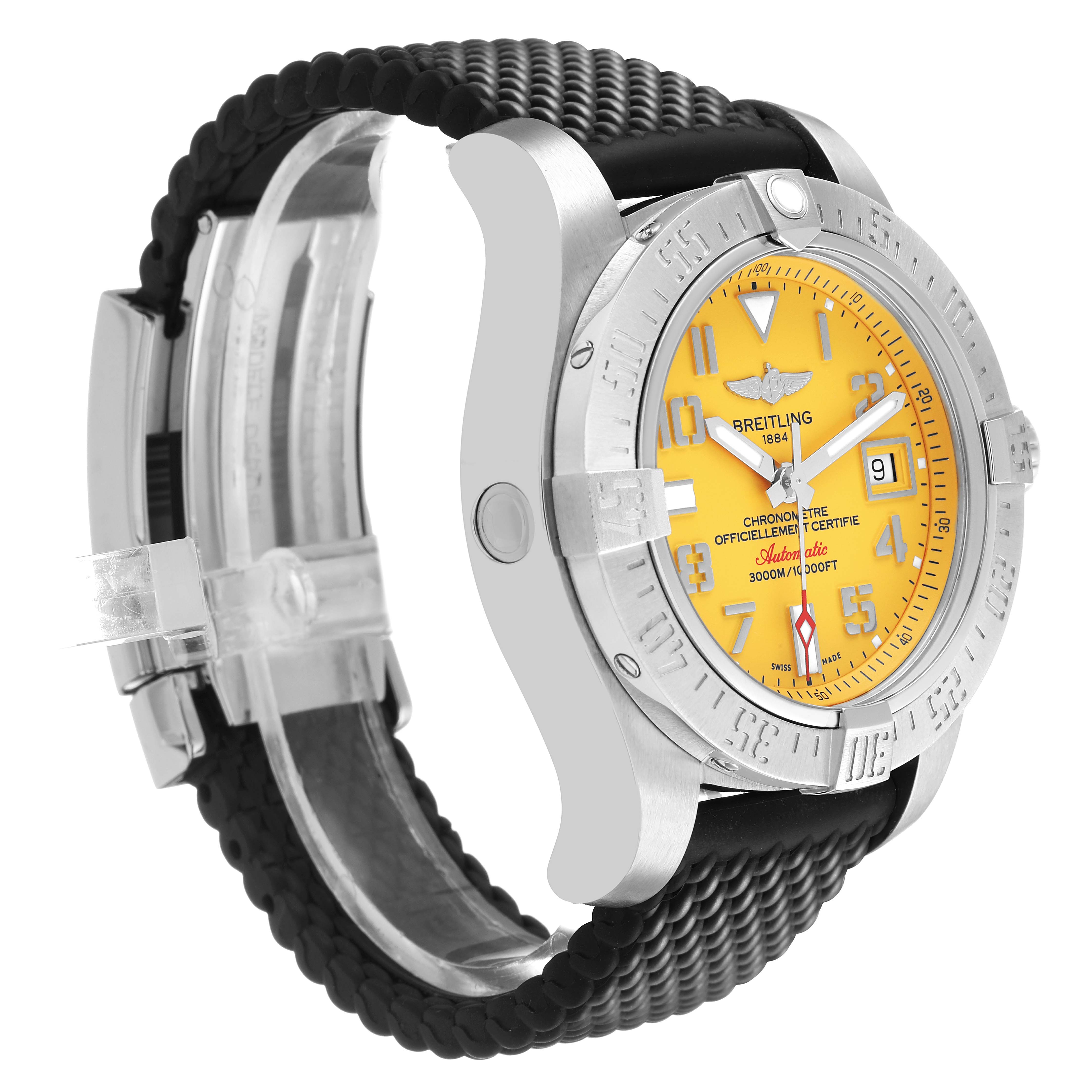The Breitling Avenger A17331 Men's Stainless Steel Yellow Dial watch is shown at a side angle, displaying its round case, bezel, dial, and strap clearly.