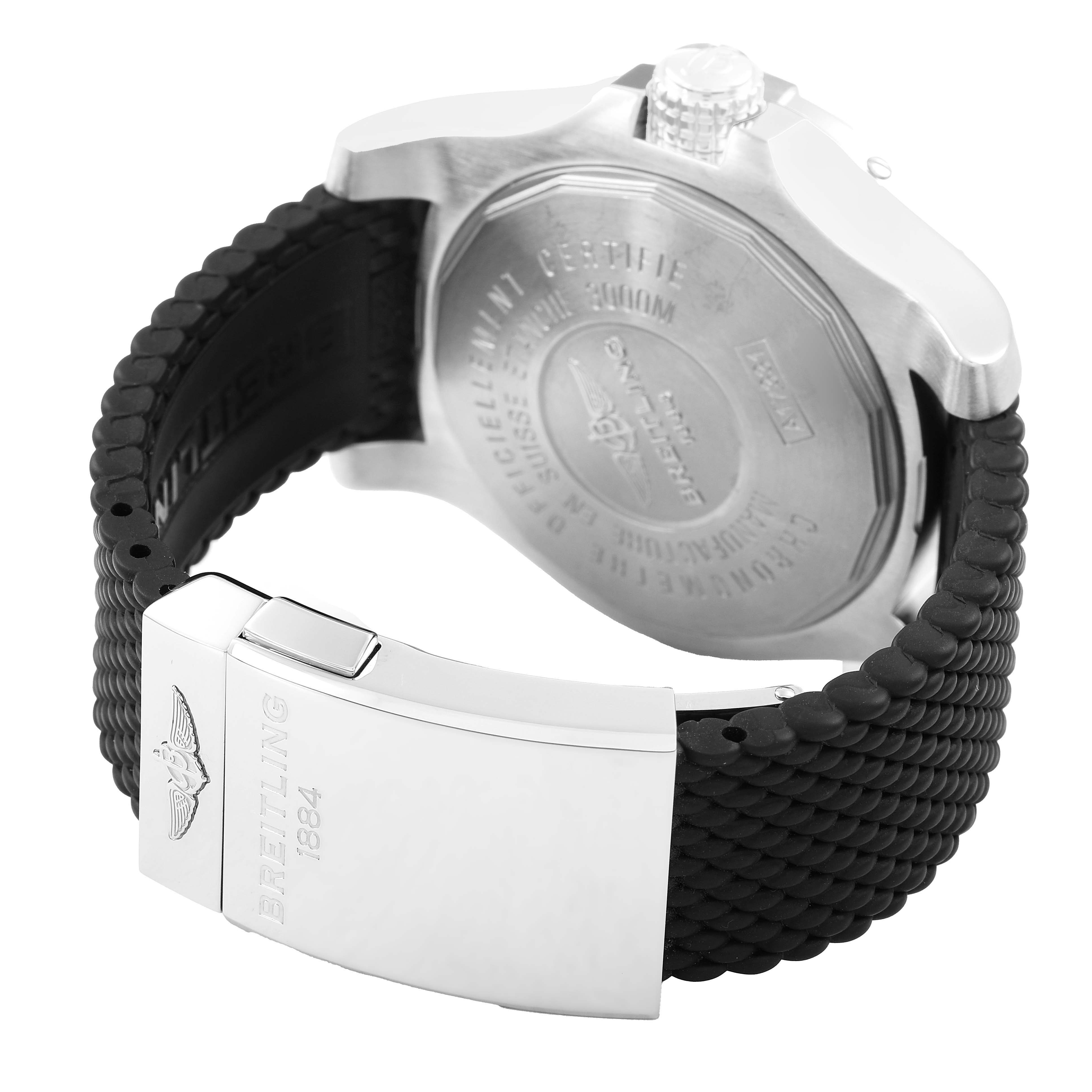 The image shows the back of the Breitling Avenger A17331 Men's Stainless Steel Yellow Dial watch, highlighting the case back and clasp of the strap.